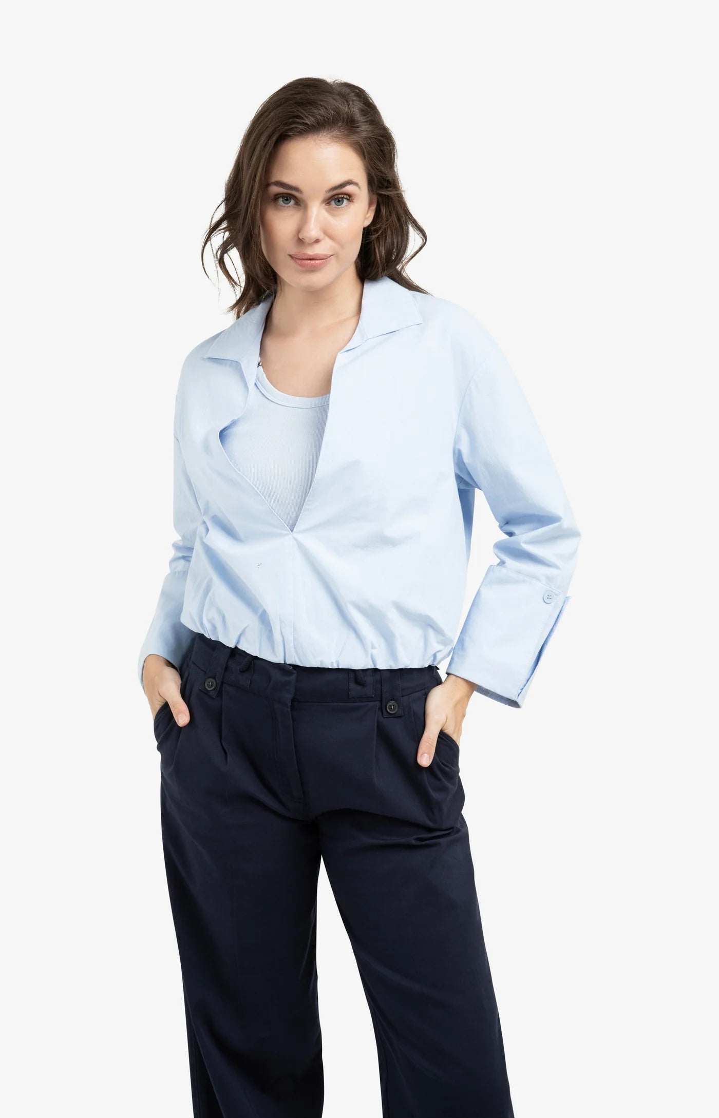 Deep V-neck Balloon Blouse in Ice Blue