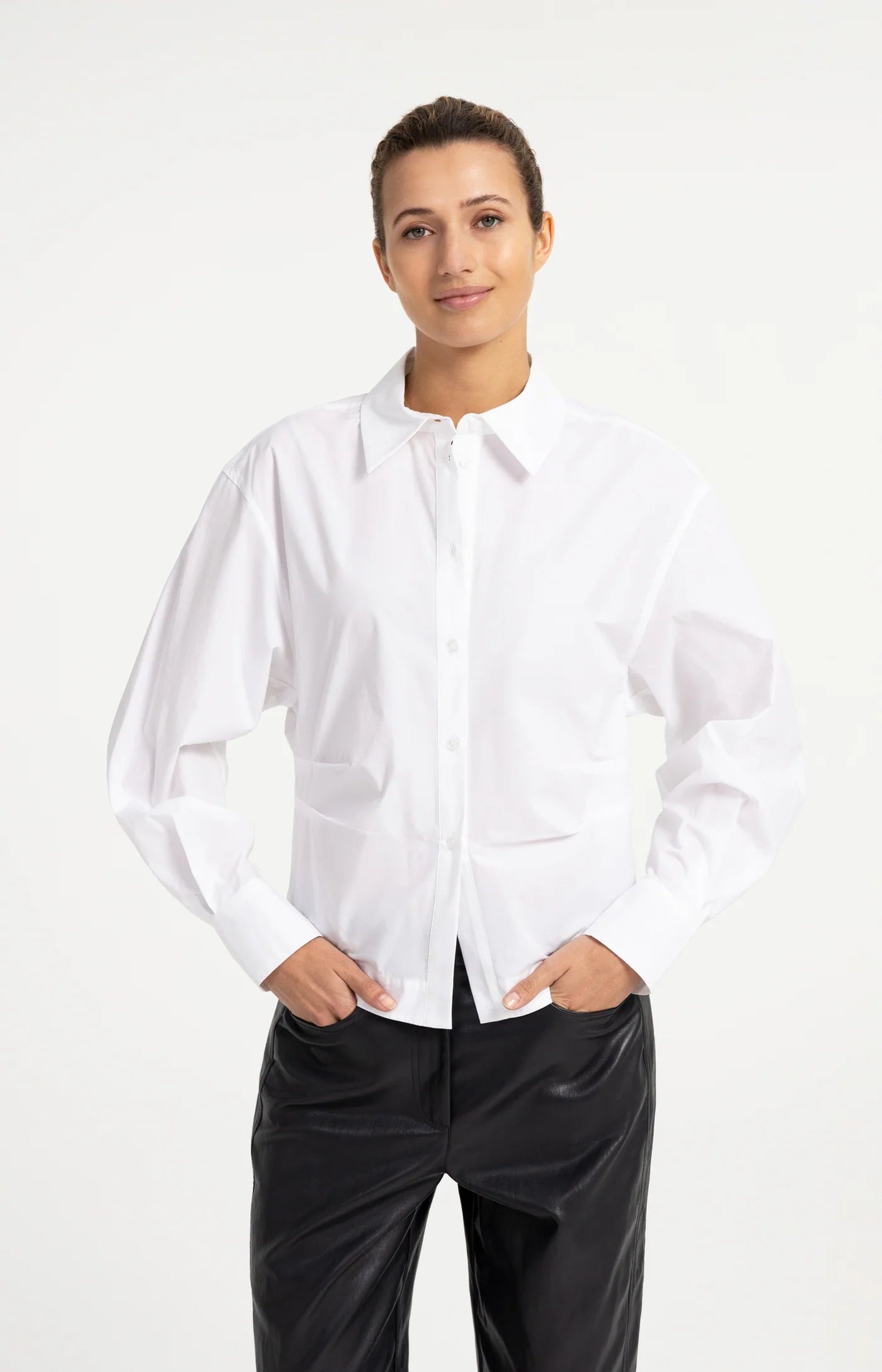Blouse with Waist Accent and Back Pleats in Pure White