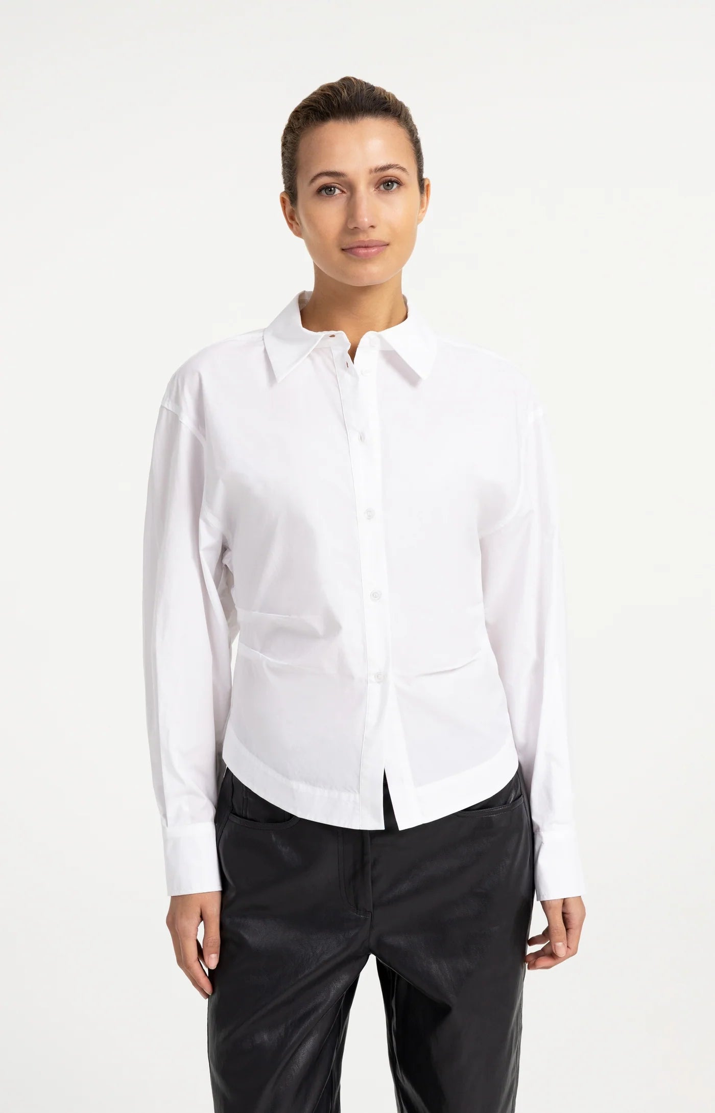 Blouse with Waist Accent and Back Pleats in Pure White