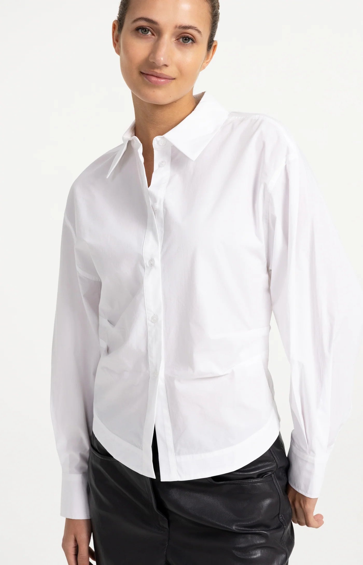 Blouse with Waist Accent and Back Pleats in Pure White