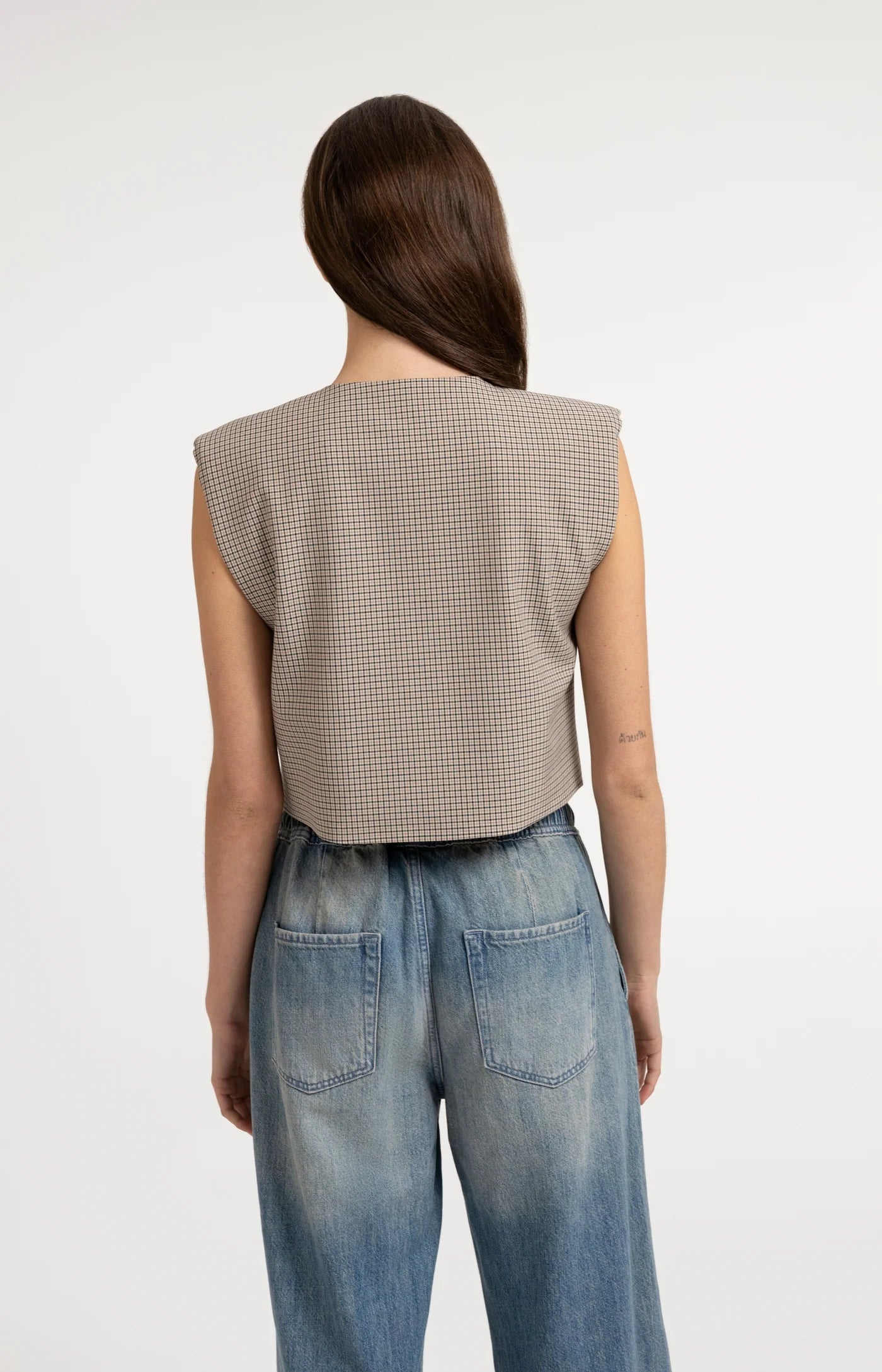 Checked Gilet With Shoulder Pads in Beige Dessin