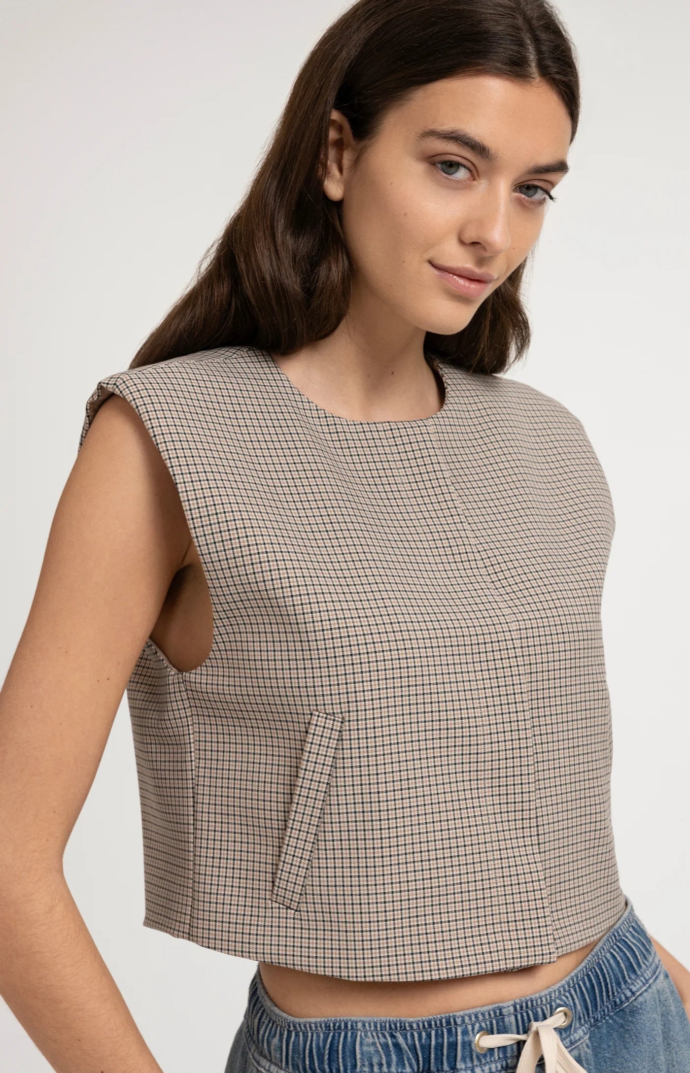 Checked Gilet With Shoulder Pads in Beige Dessin