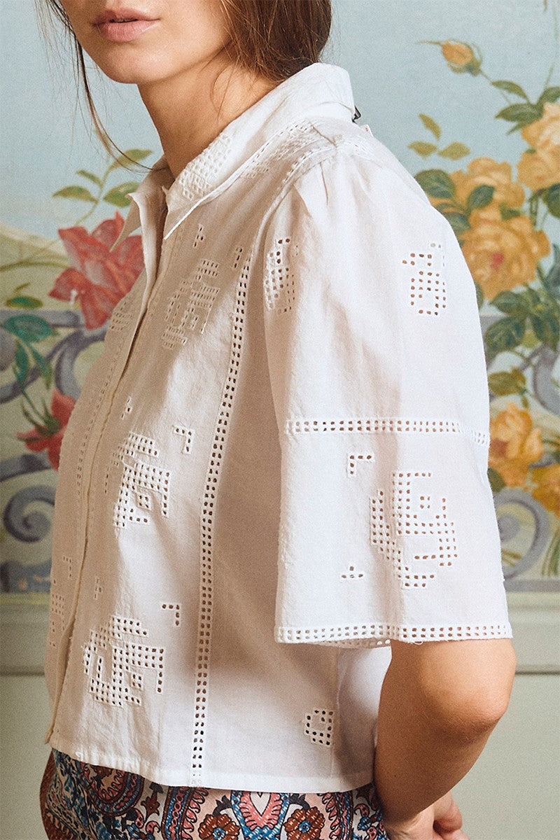 Embroidered Crop Shirt in Off White