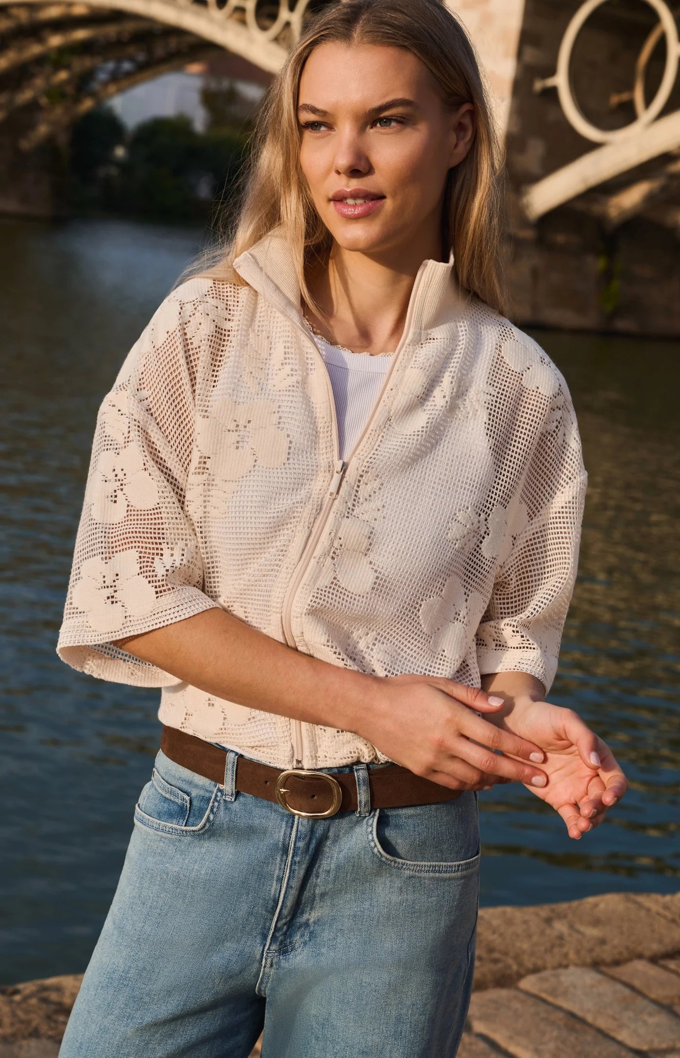 Floral Pattern Crochet Jacket Floral Pattern in Beige