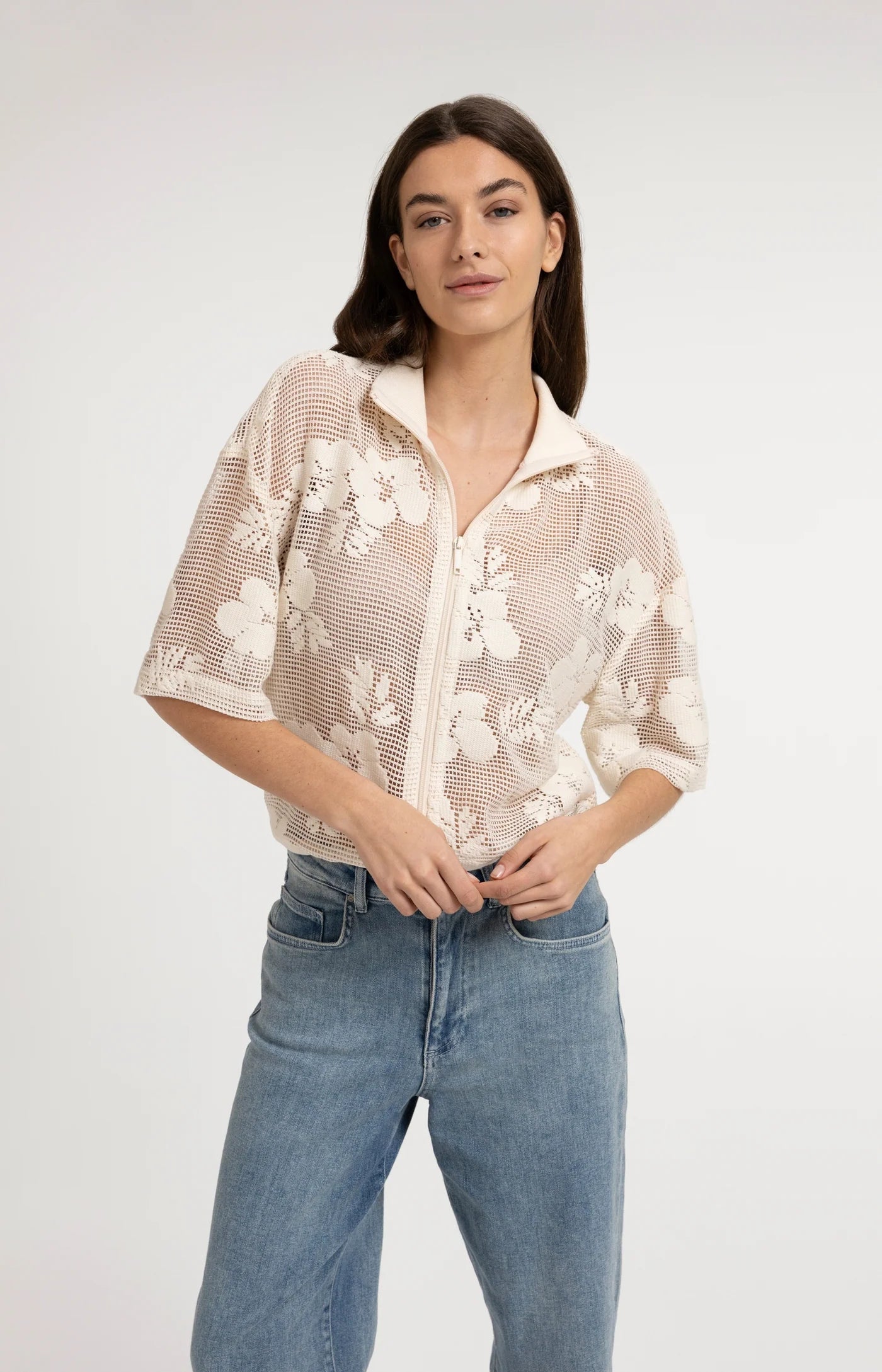 Floral Pattern Crochet Jacket Floral Pattern in Beige