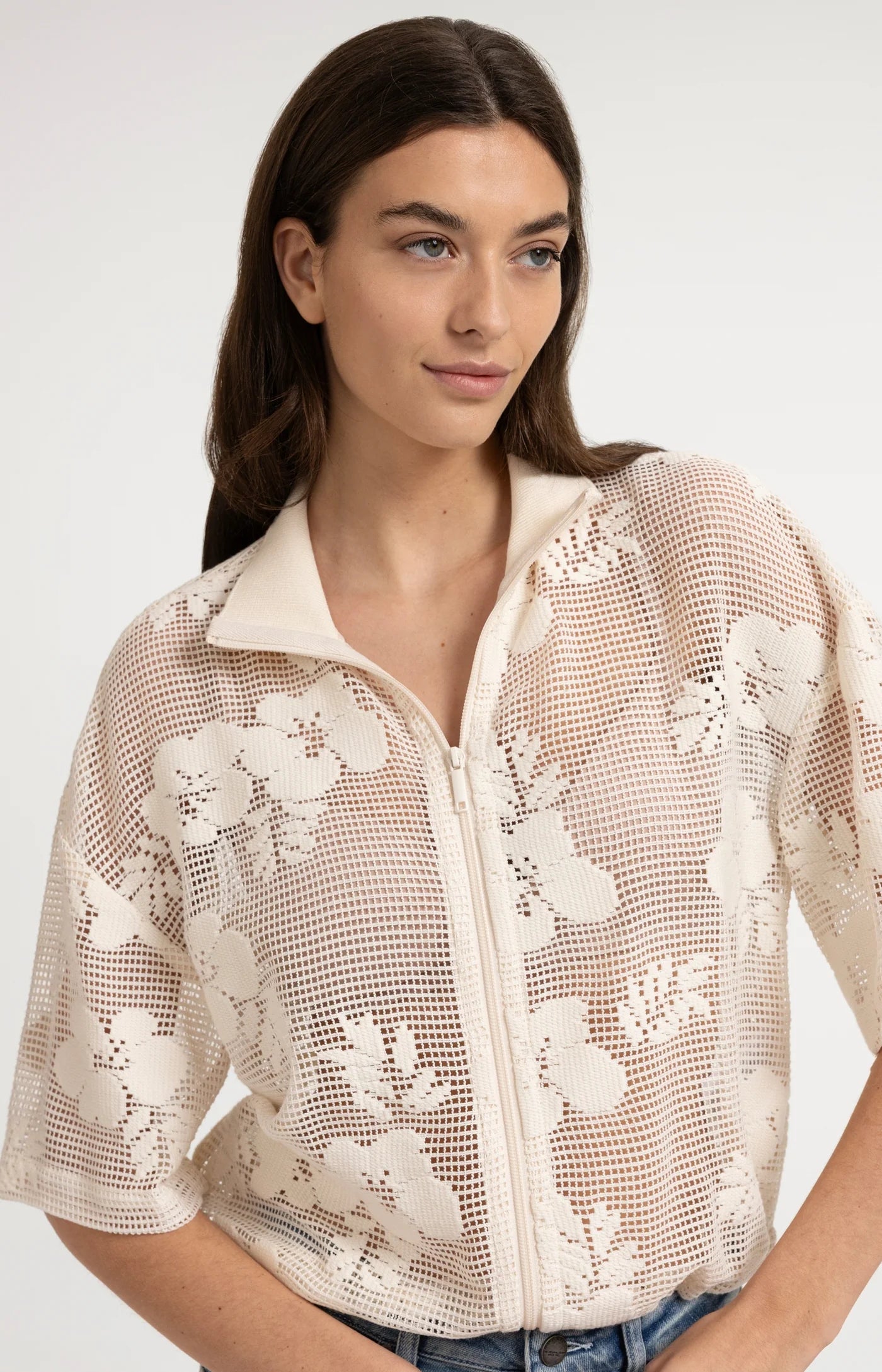 Floral Pattern Crochet Jacket Floral Pattern in Beige