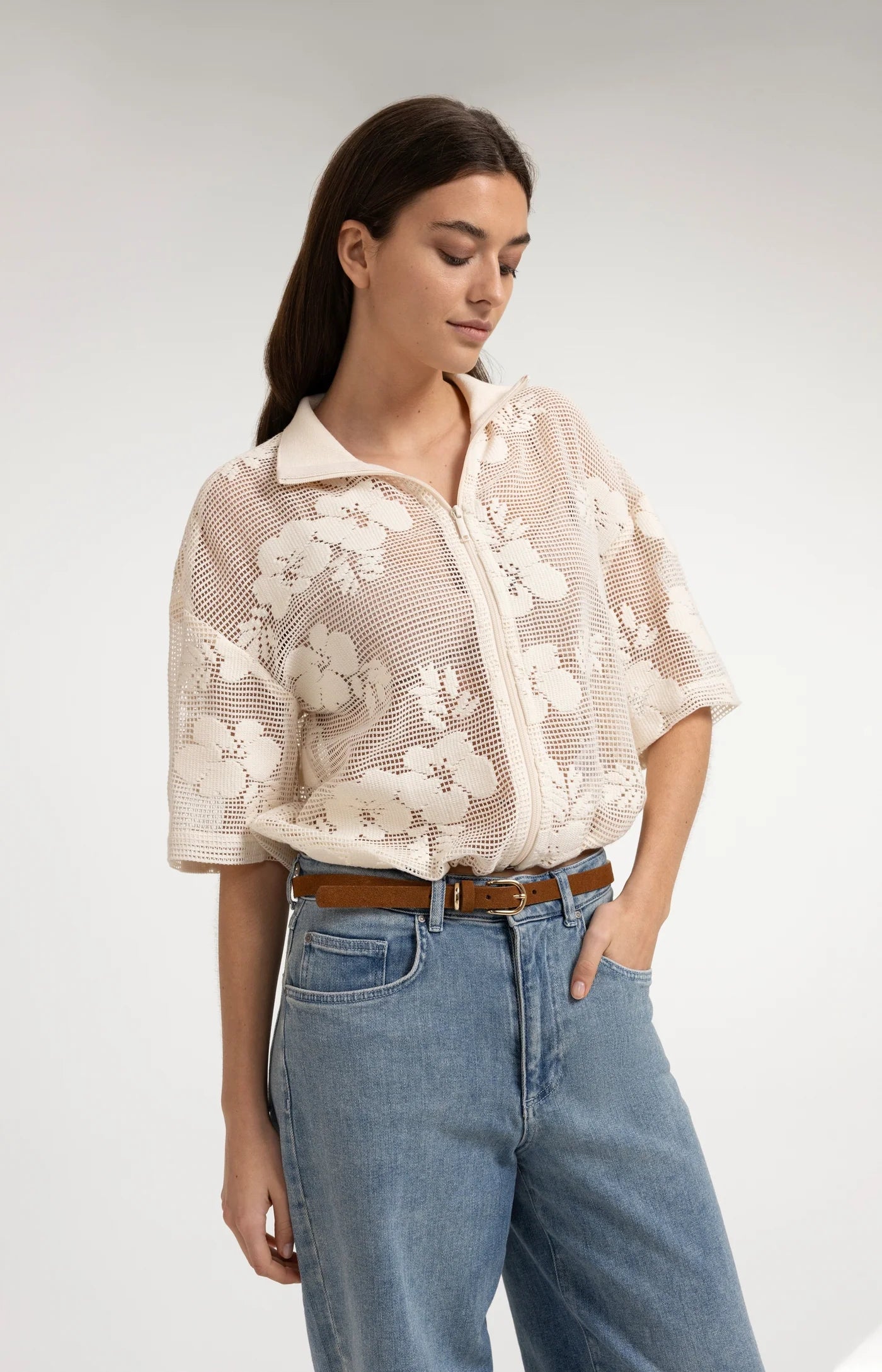 Floral Pattern Crochet Jacket Floral Pattern in Beige