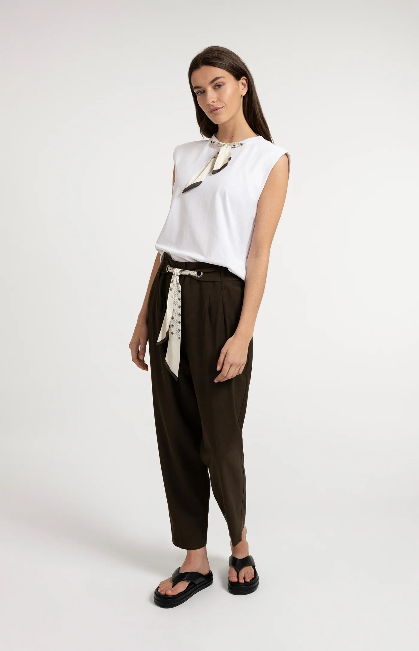 Scarf Detail Sleeveless Top in Slate Black/Brown Dessin