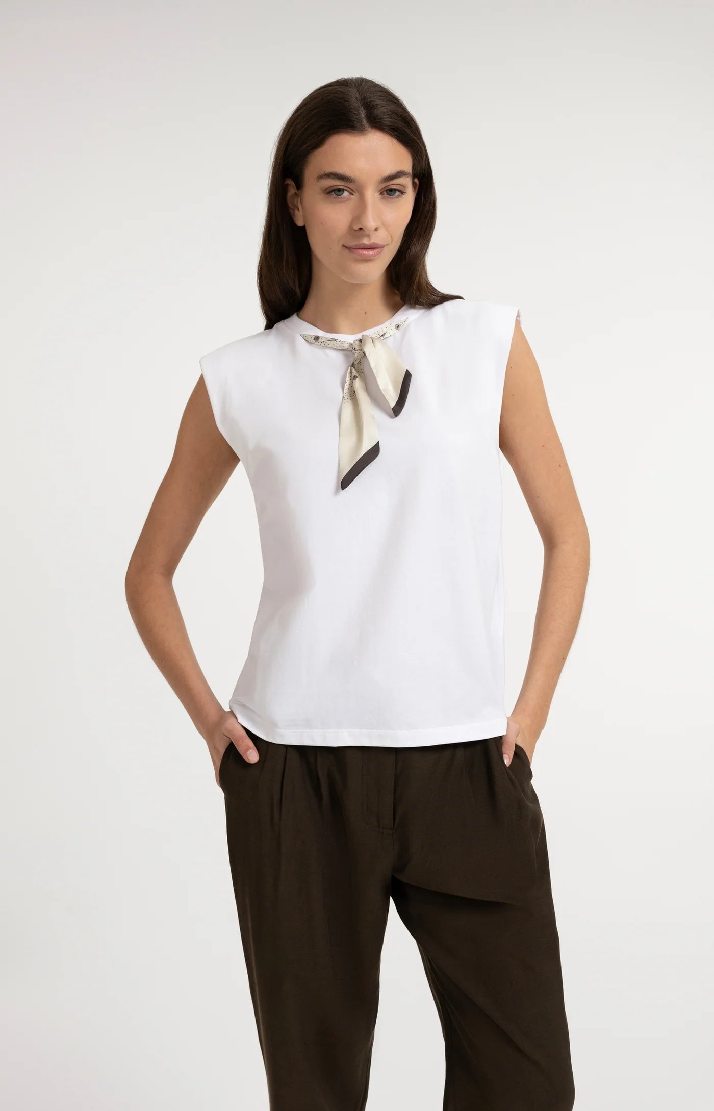 Scarf Detail Sleeveless Top in Slate Black/Brown Dessin