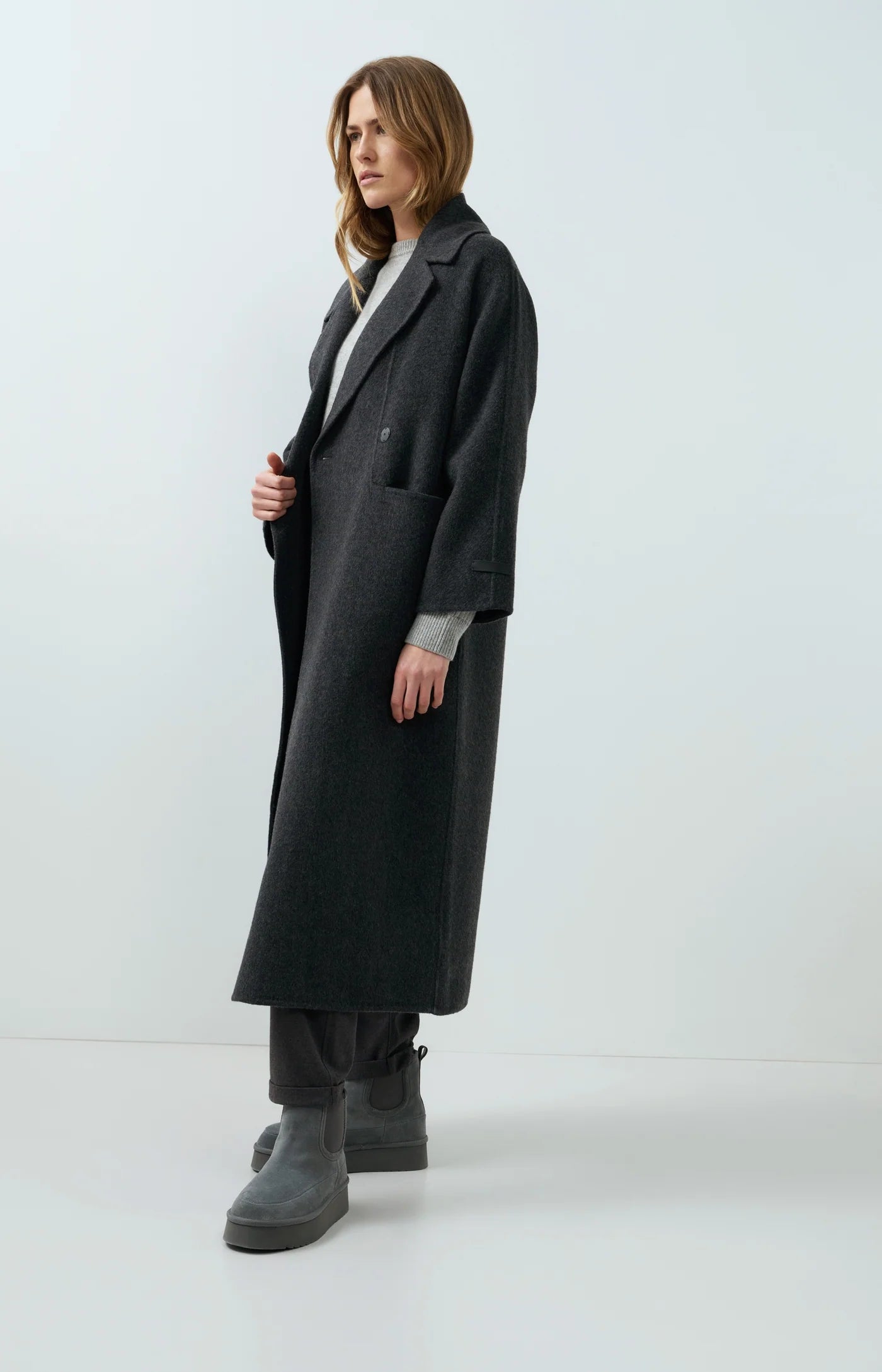 Extra Long Woven Wool Mix Coat in Hole Black Melange