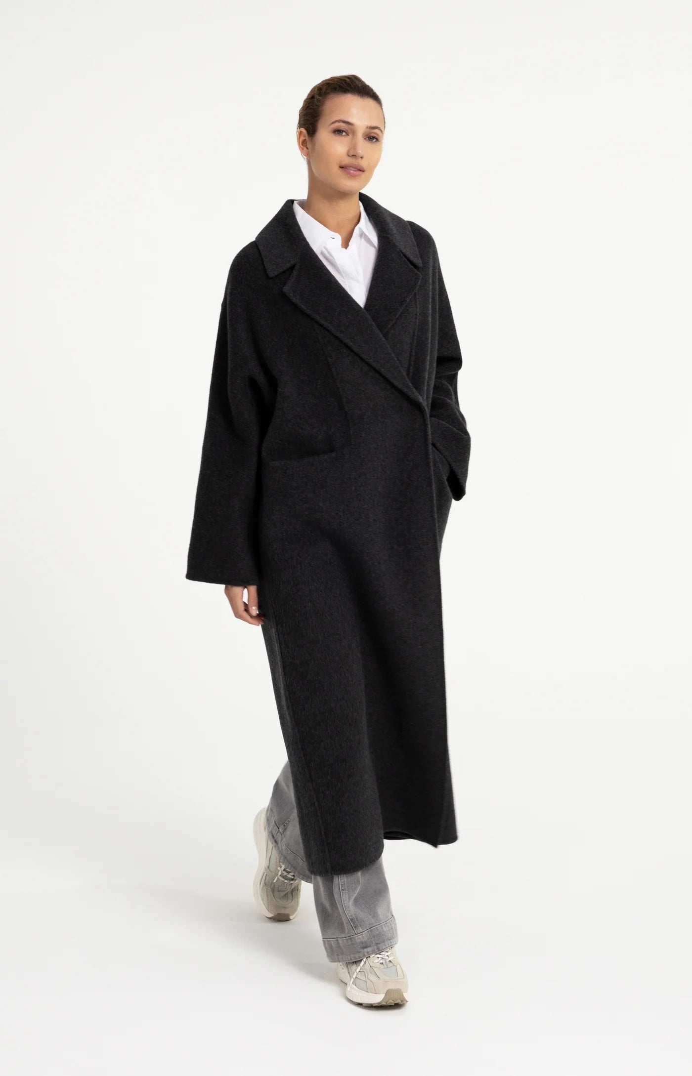 Extra Long Woven Wool Mix Coat in Hole Black Melange