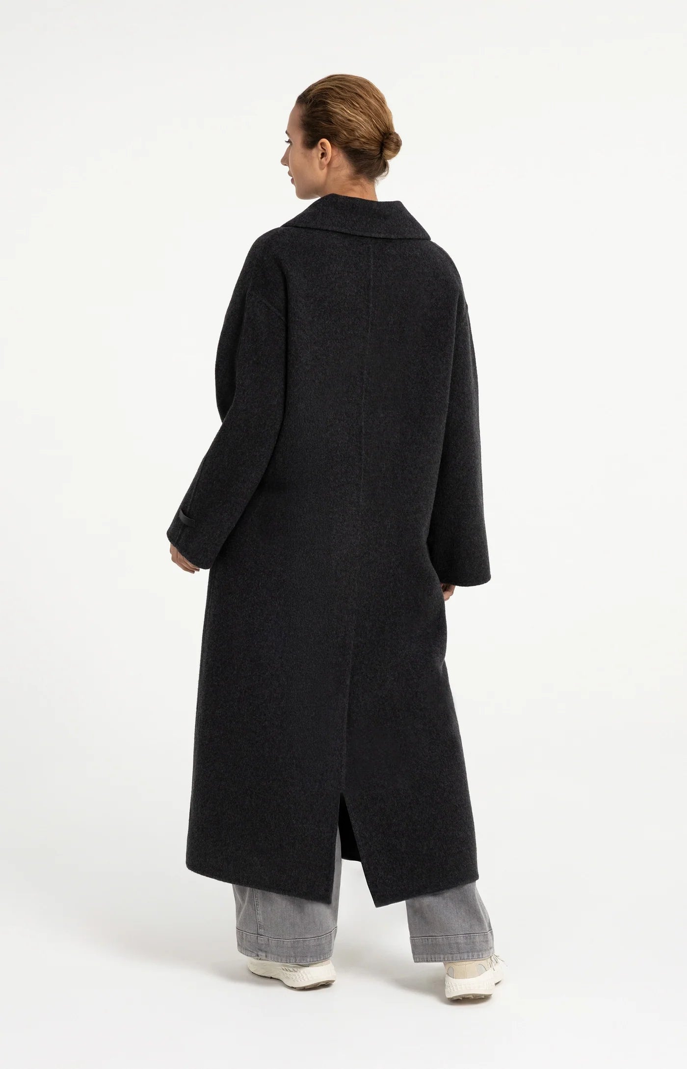Extra Long Woven Wool Mix Coat in Hole Black Melange