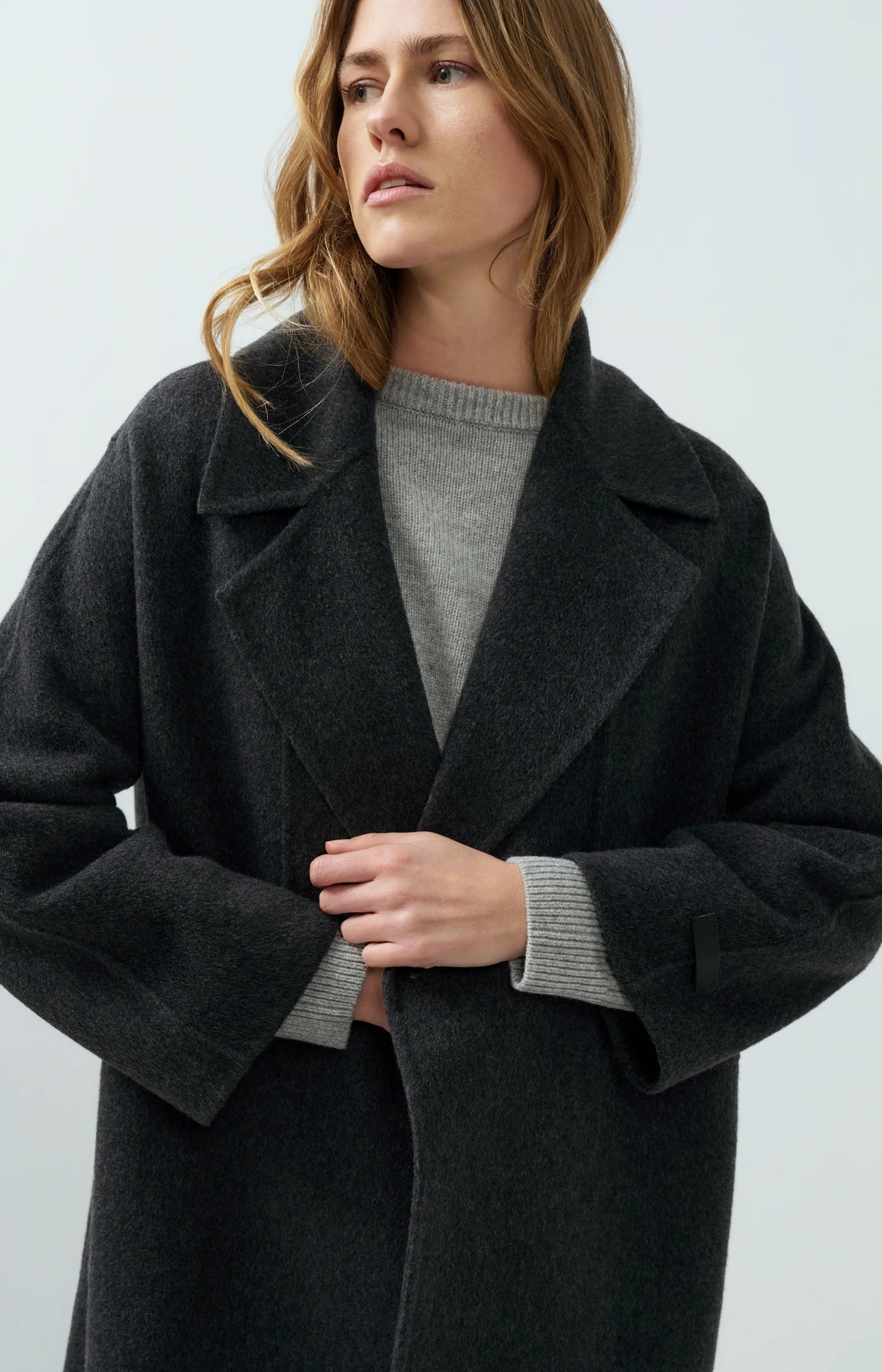 Extra Long Woven Wool Mix Coat in Hole Black Melange