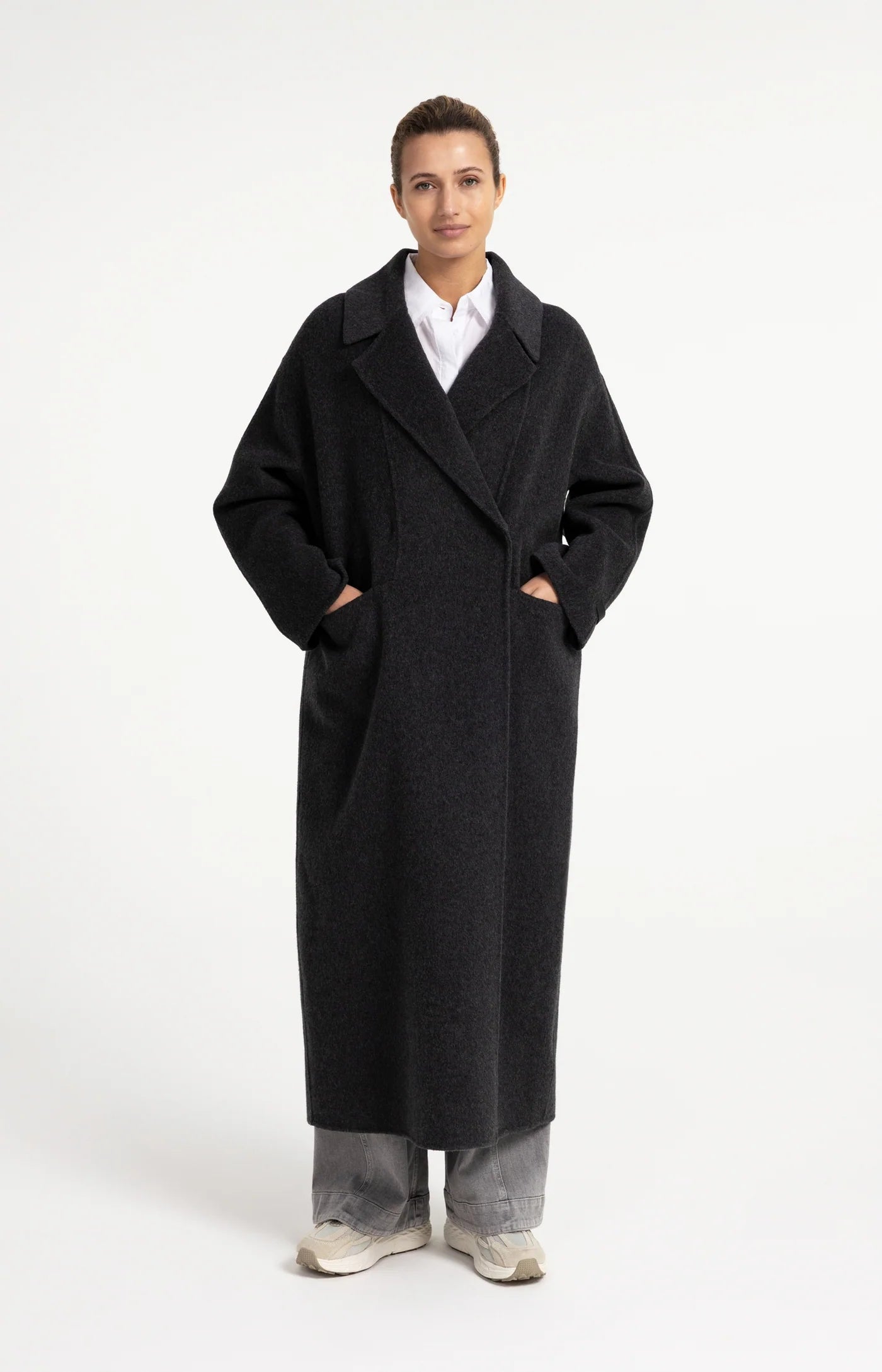 Extra Long Woven Wool Mix Coat in Hole Black Melange