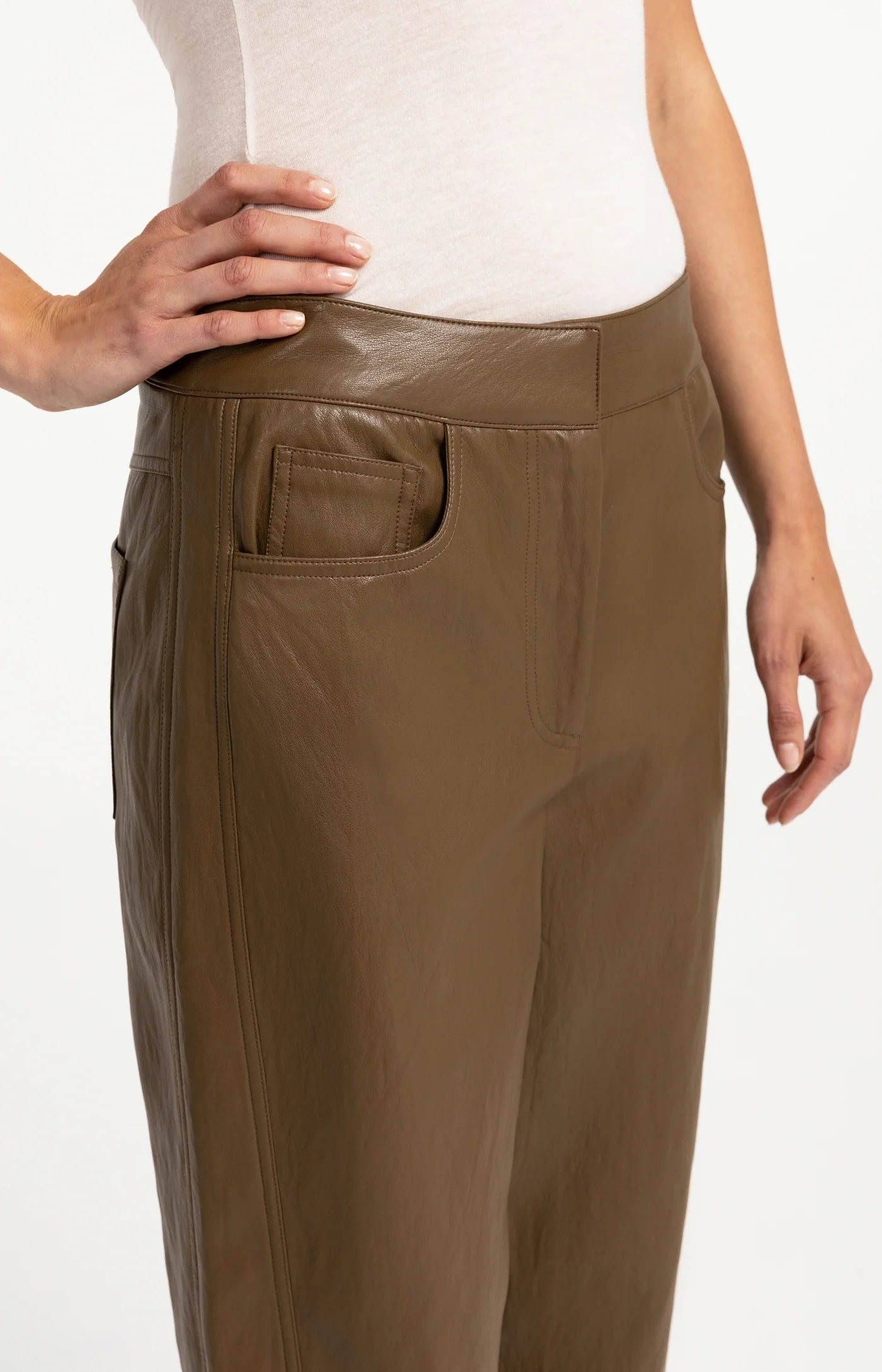 Faux Leather Carrot Trousers in Teak Brown