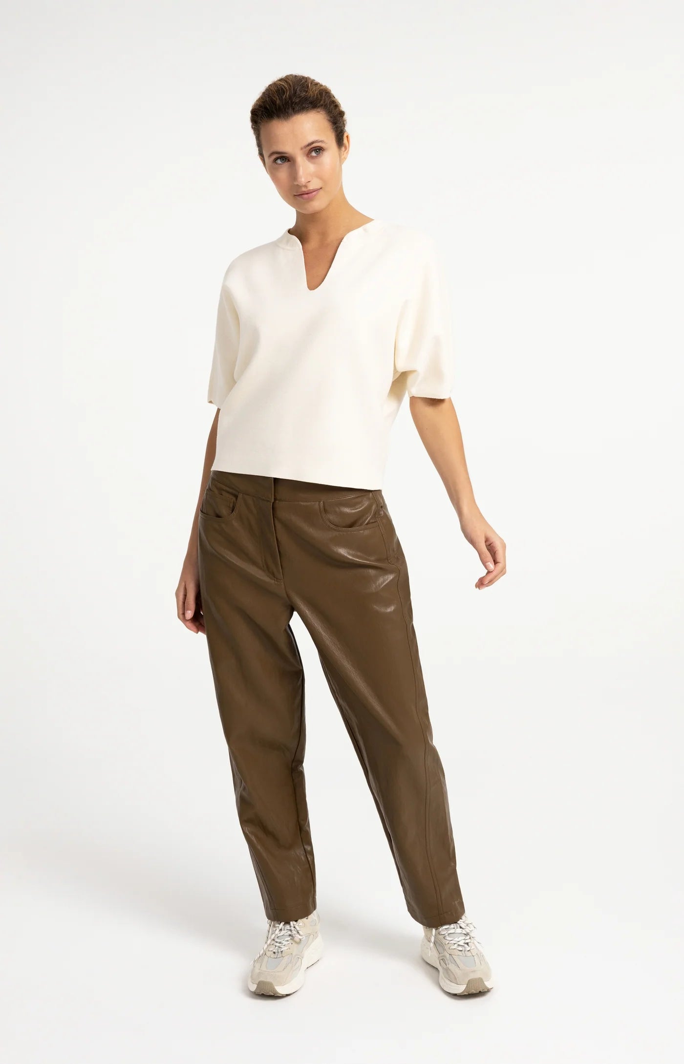 Faux Leather Carrot Trousers in Teak Brown