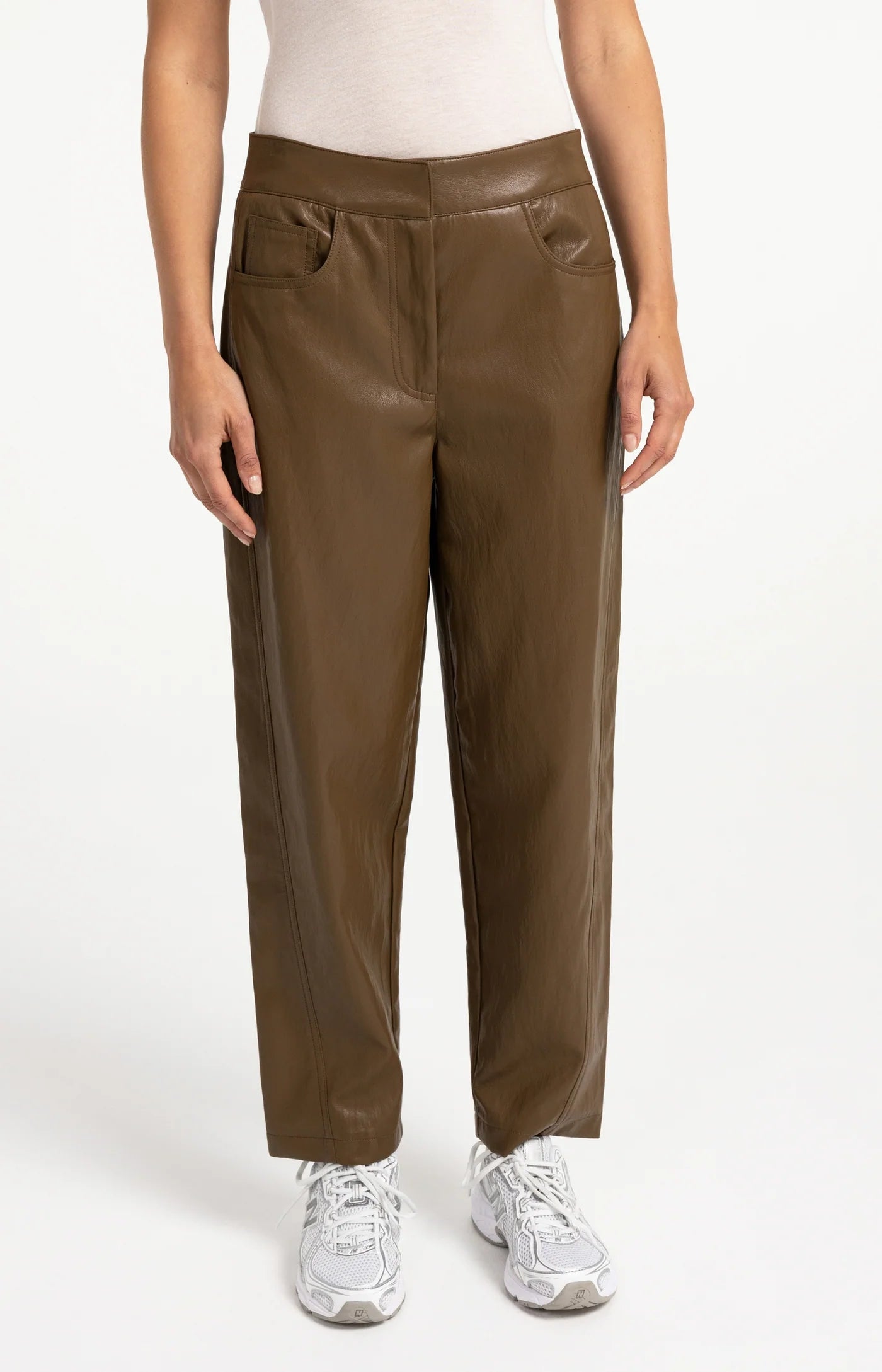 Faux Leather Carrot Trousers in Teak Brown