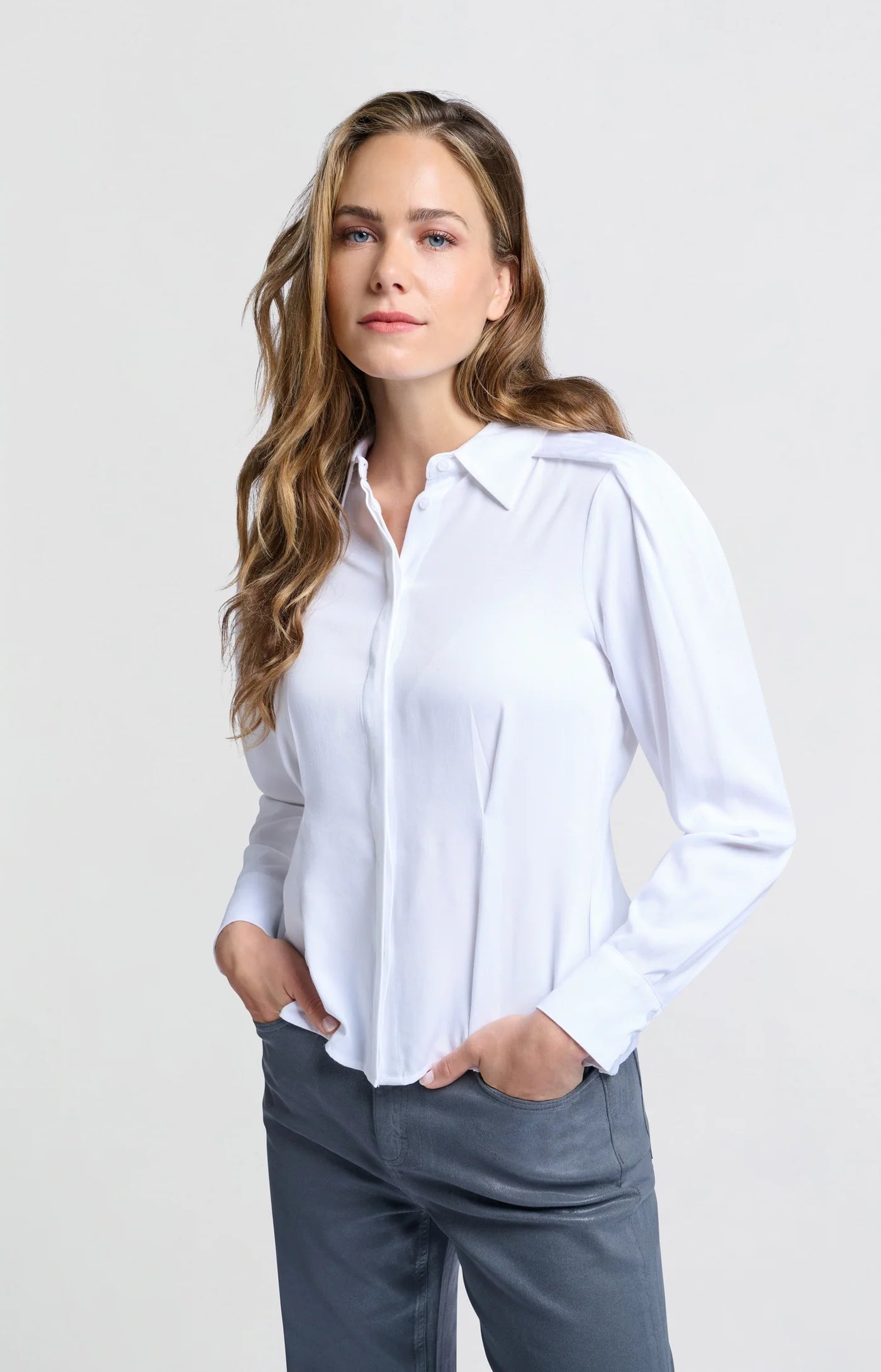 Fitted Blouse with Shoulder Accents in Off White