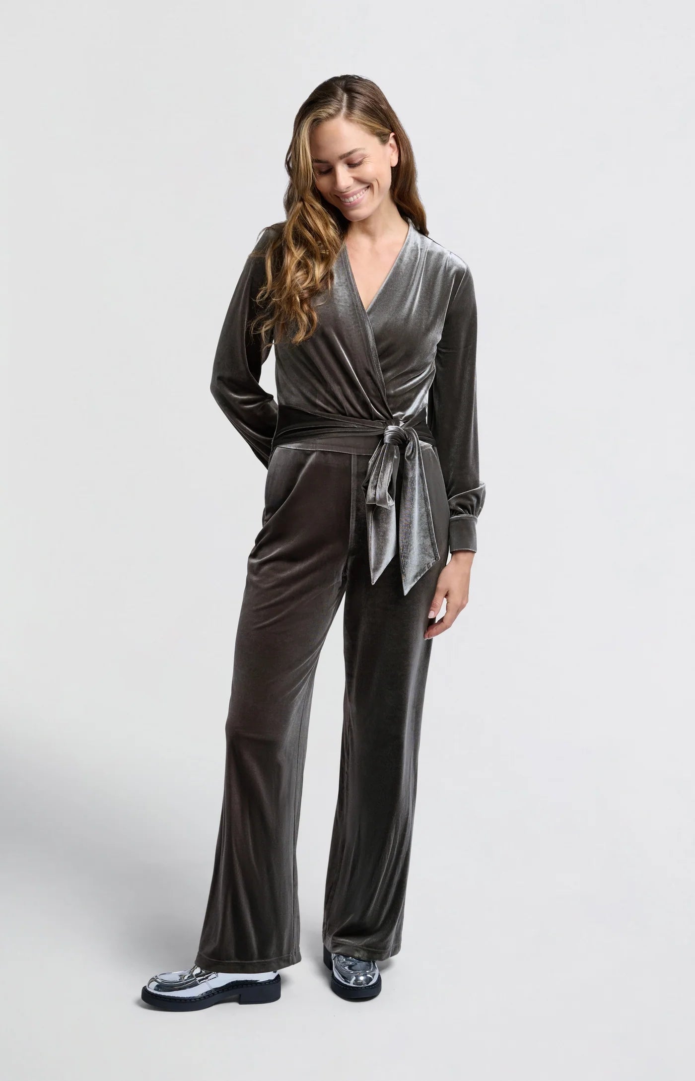 Jersey Velours Wide Leg Jumpsuit in Dark Metal Grey