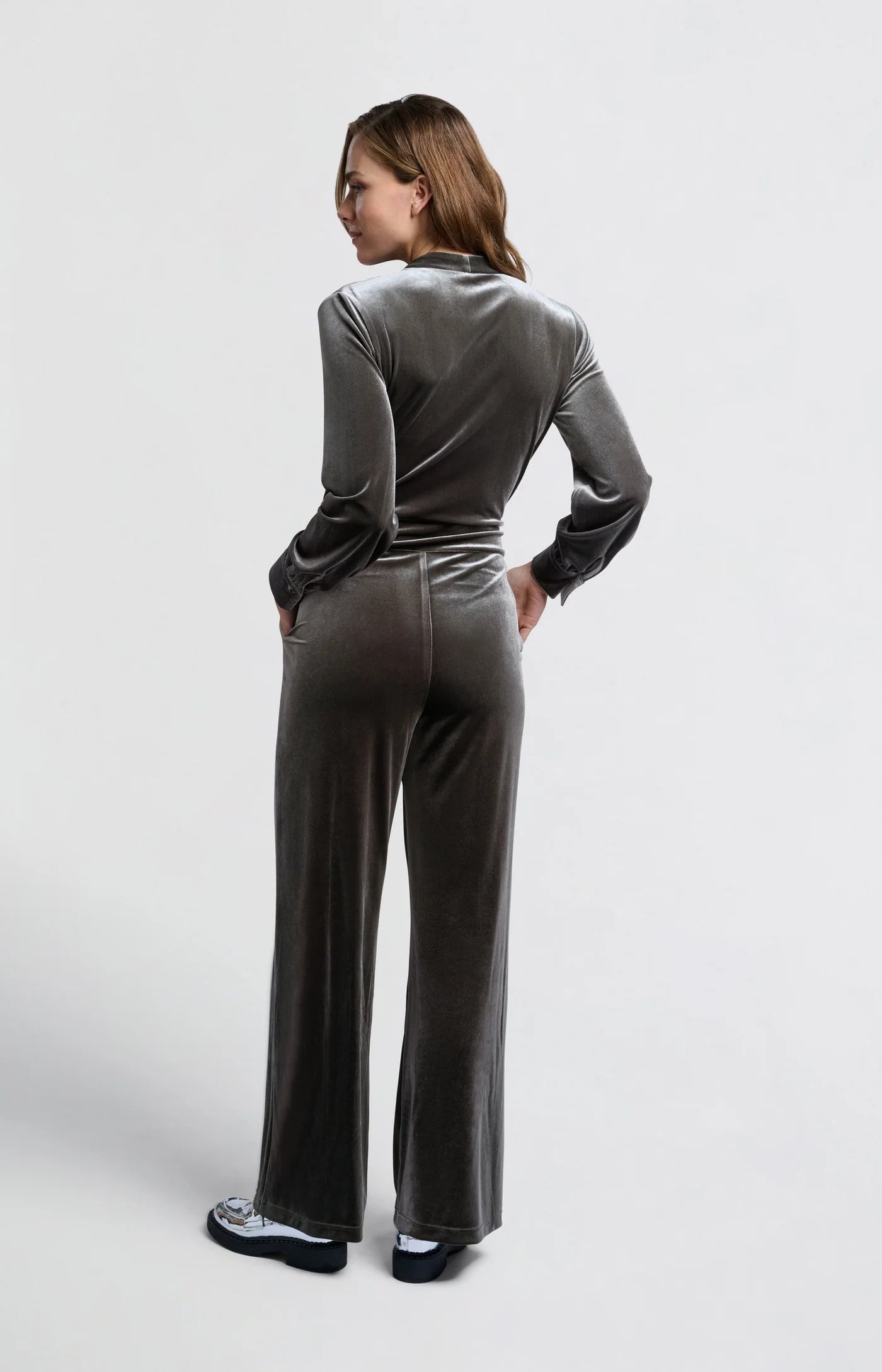 Jersey Velours Wide Leg Jumpsuit in Dark Metal Grey