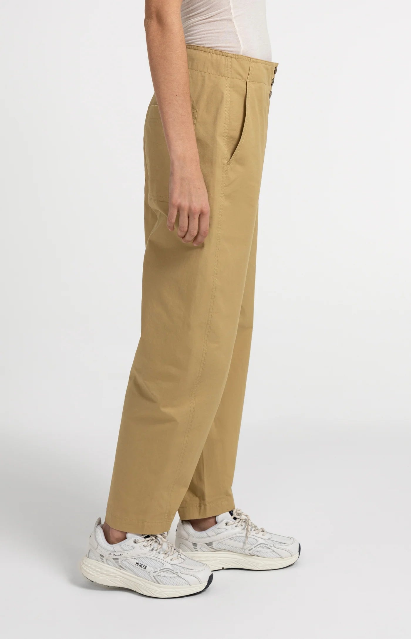 High-Waist Barrel-Leg Trousers Button Detail in Safari Brown
