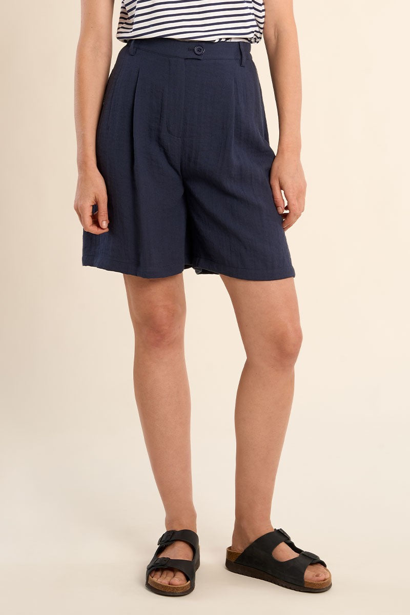 Elastic High-Waisted Blazer Shorts in Navy Blue