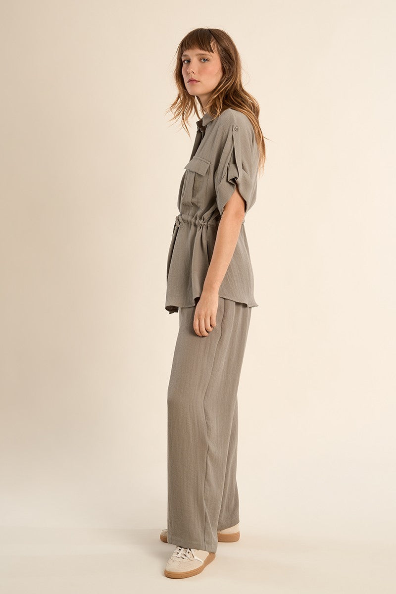 High Waisted Flared Trouser in Light Khaki
