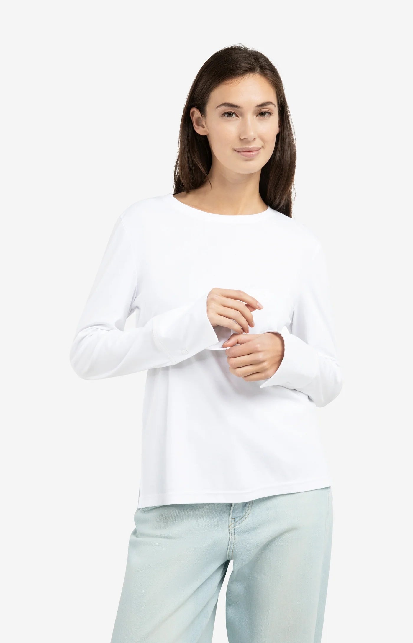 Jersey Top with Long Sleeves and Woven Cuffs in Pure White