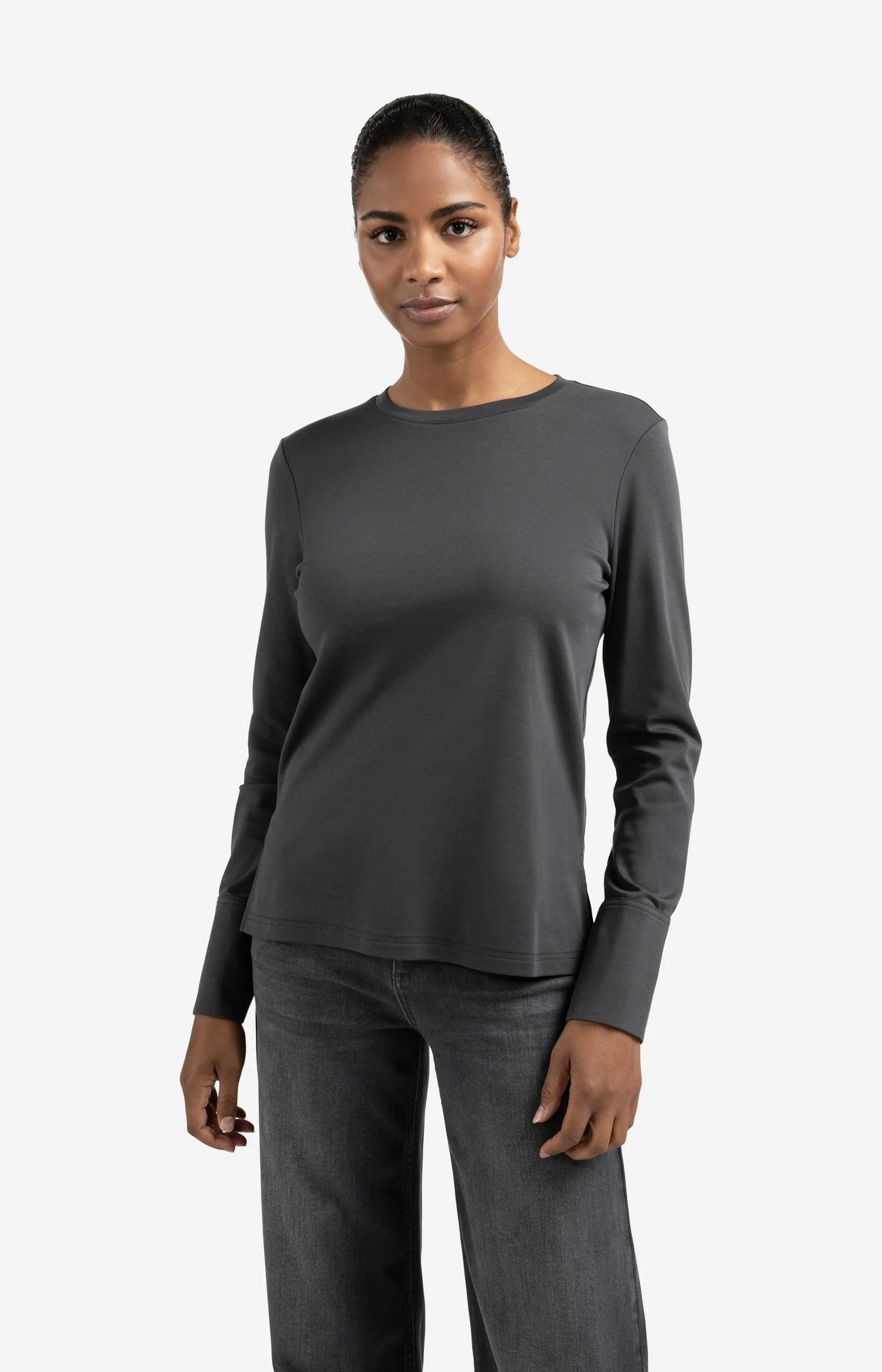 Jersey Top with Slit Detail in Oyster Black