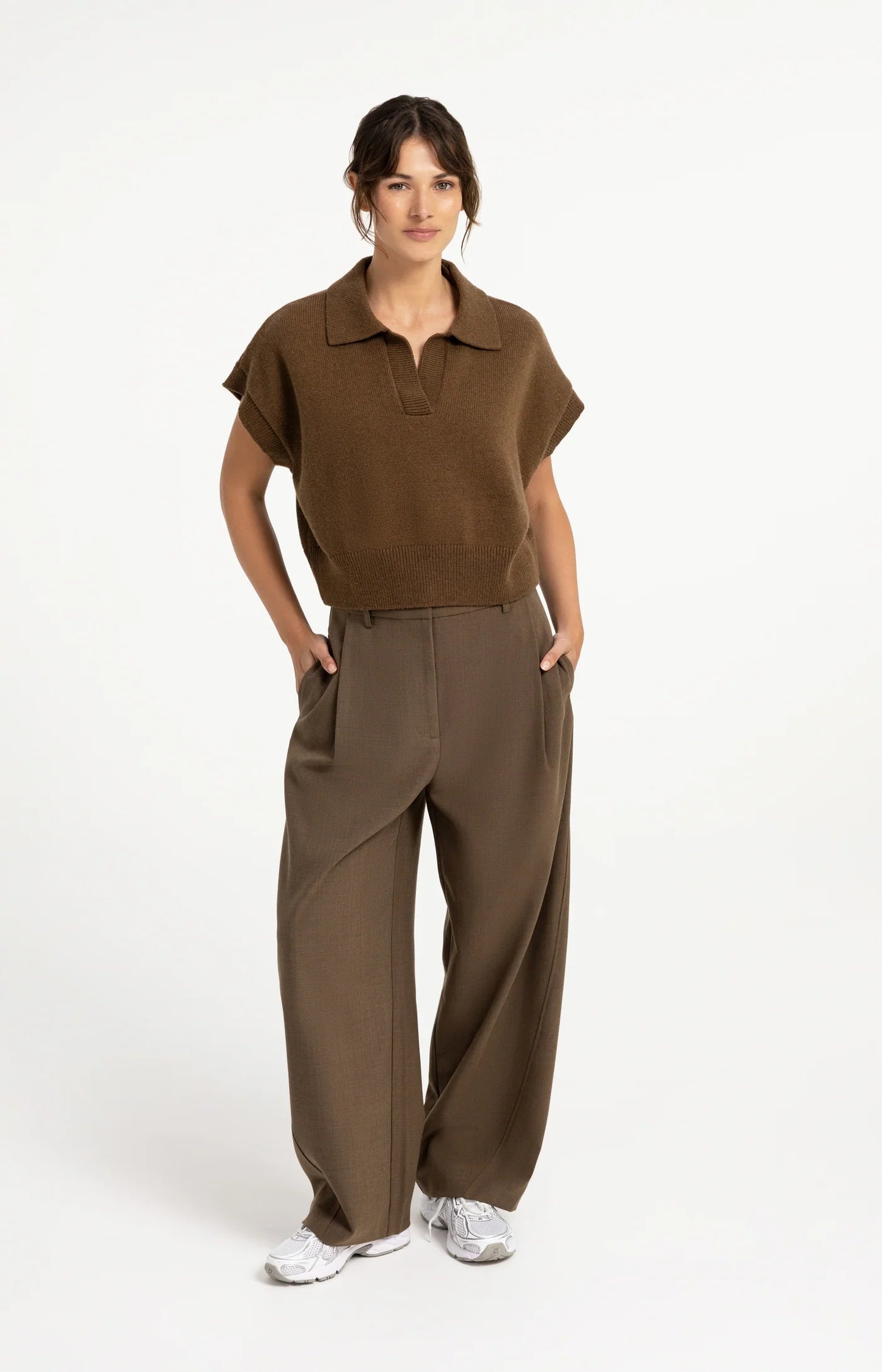 Knitted Spencer with Collar in Teak Brown Melange