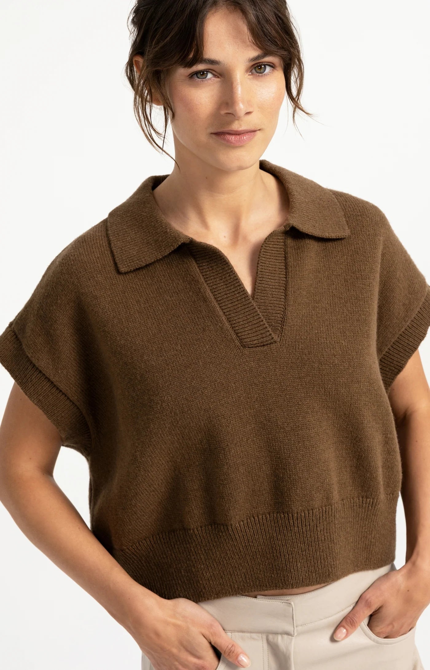 Knitted Spencer with Collar in Teak Brown Melange