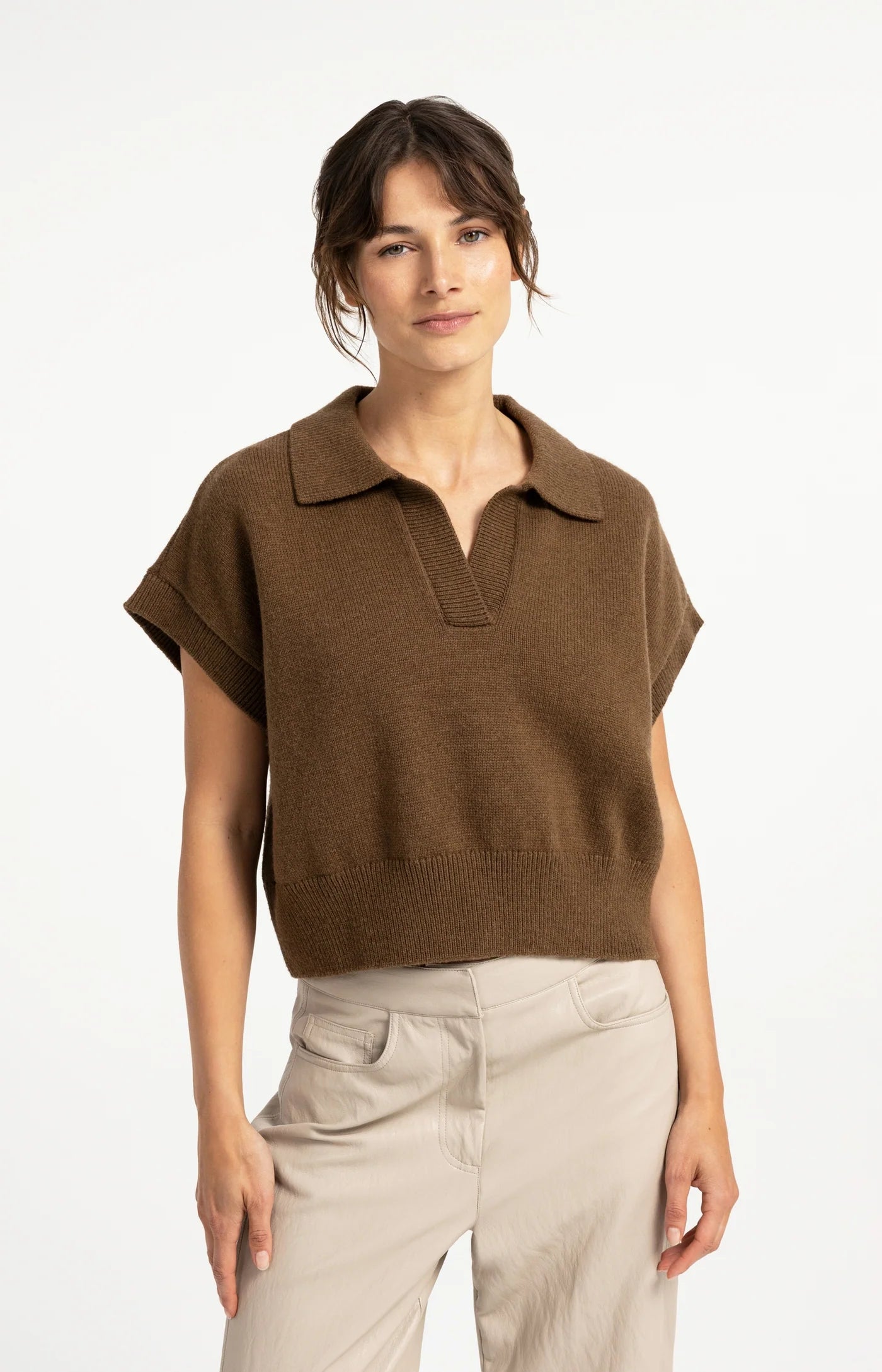 Knitted Spencer with Collar in Teak Brown Melange