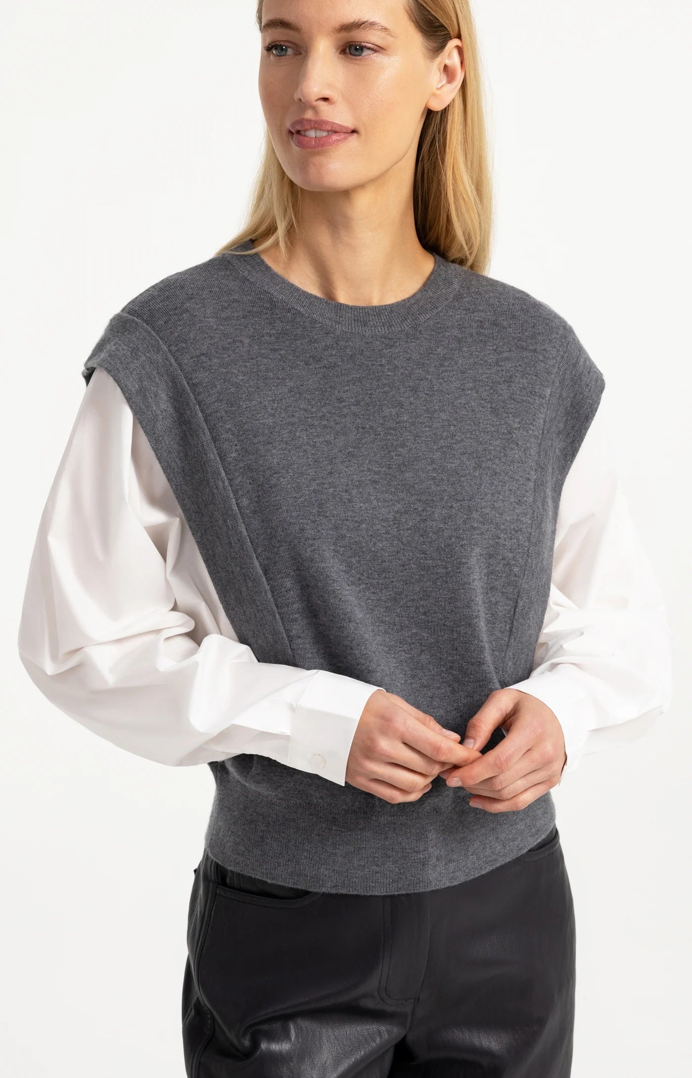 Knitted Sweater with Woven Sleeves in Grey Melange