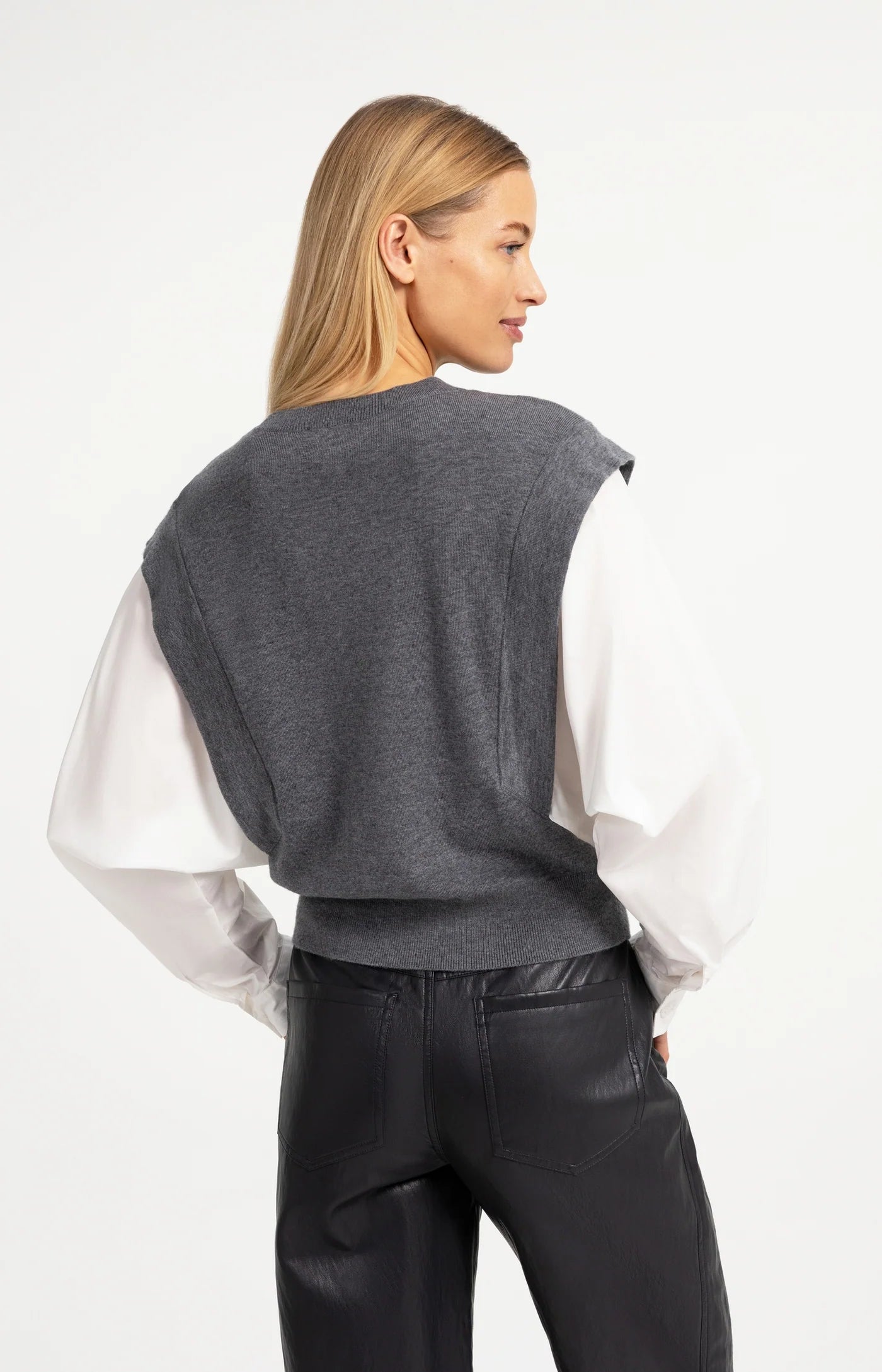 Knitted Sweater with Woven Sleeves in Grey Melange