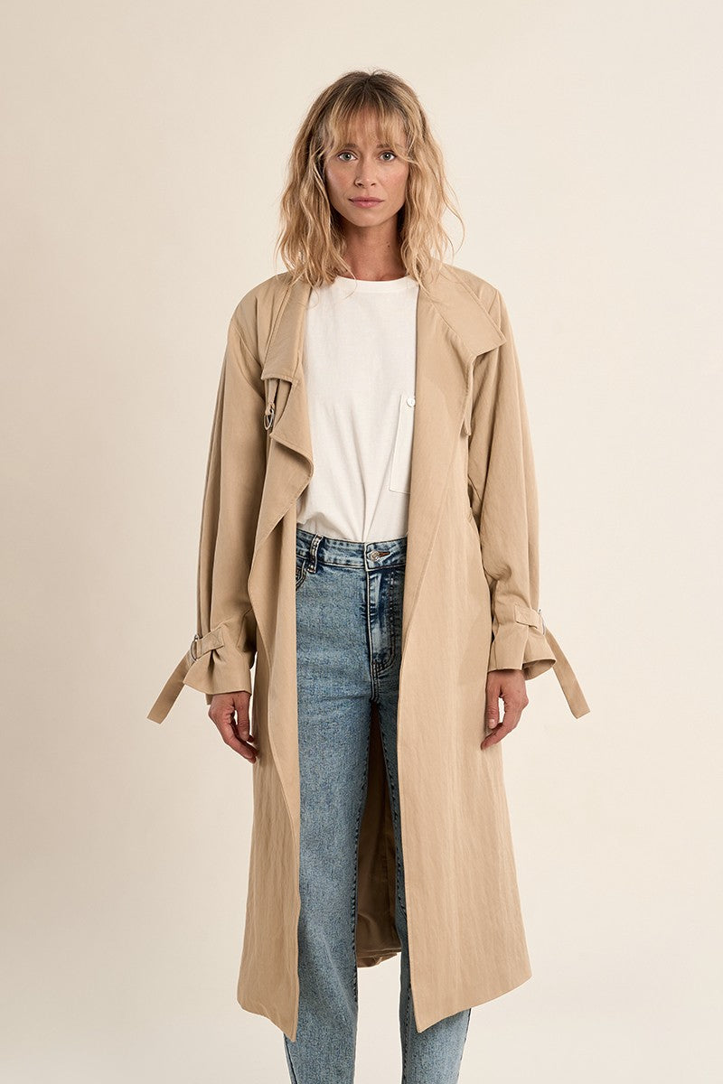 Long Trench Coat with Tie Waist in Beige