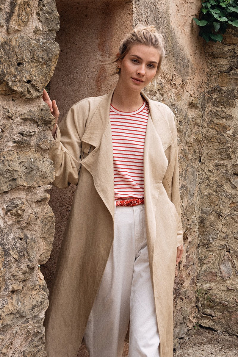 Long Trench Coat with Tie Waist in Beige