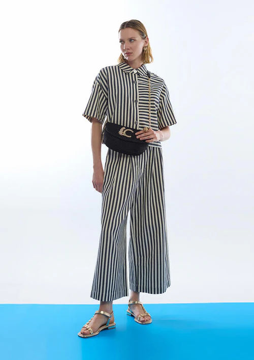 Striped Rustic Twill Culottes in Ecru/Blue