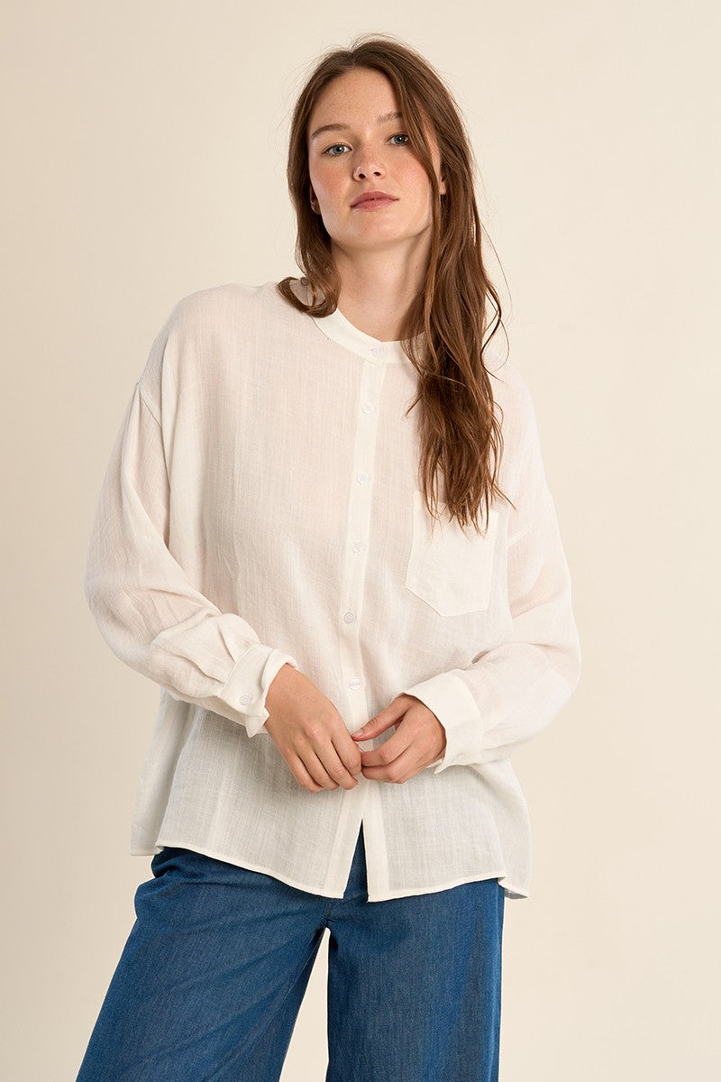 Mandarin Collar Shirt with Lace Open Back in White