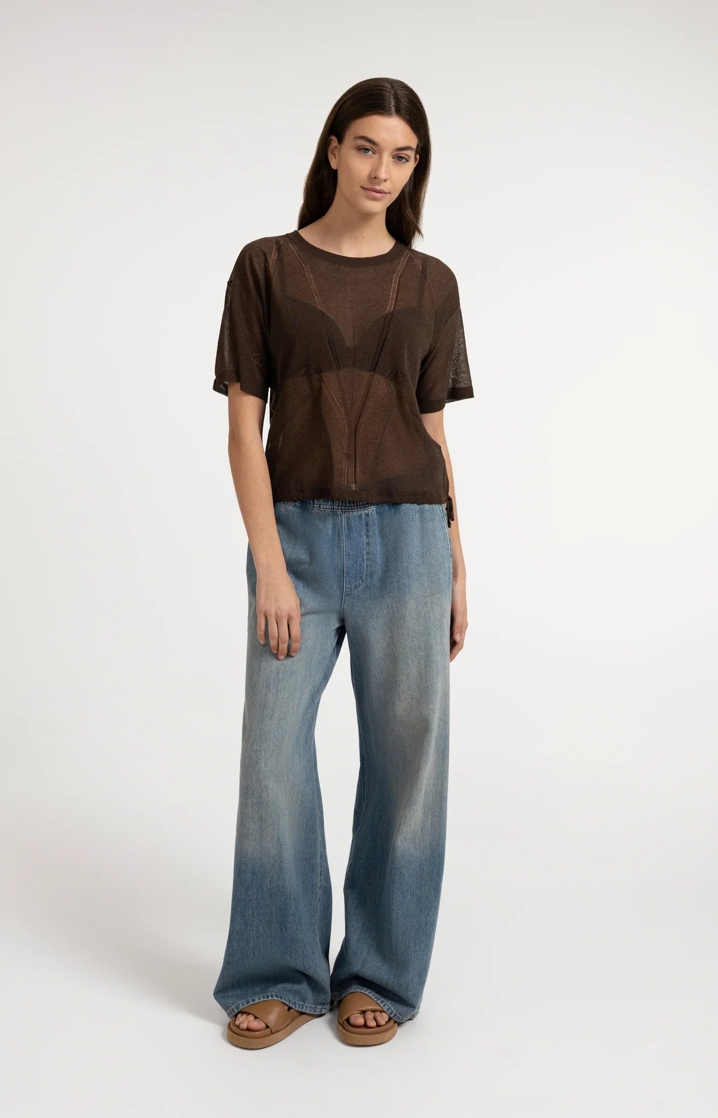 Sheer Knit Tie Detail Top in Delicioso Brown
