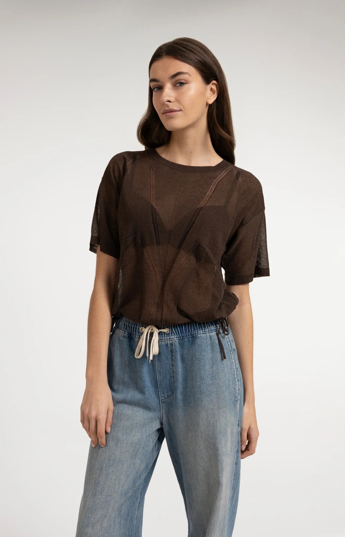 Sheer Knit Tie Detail Top in Delicioso Brown