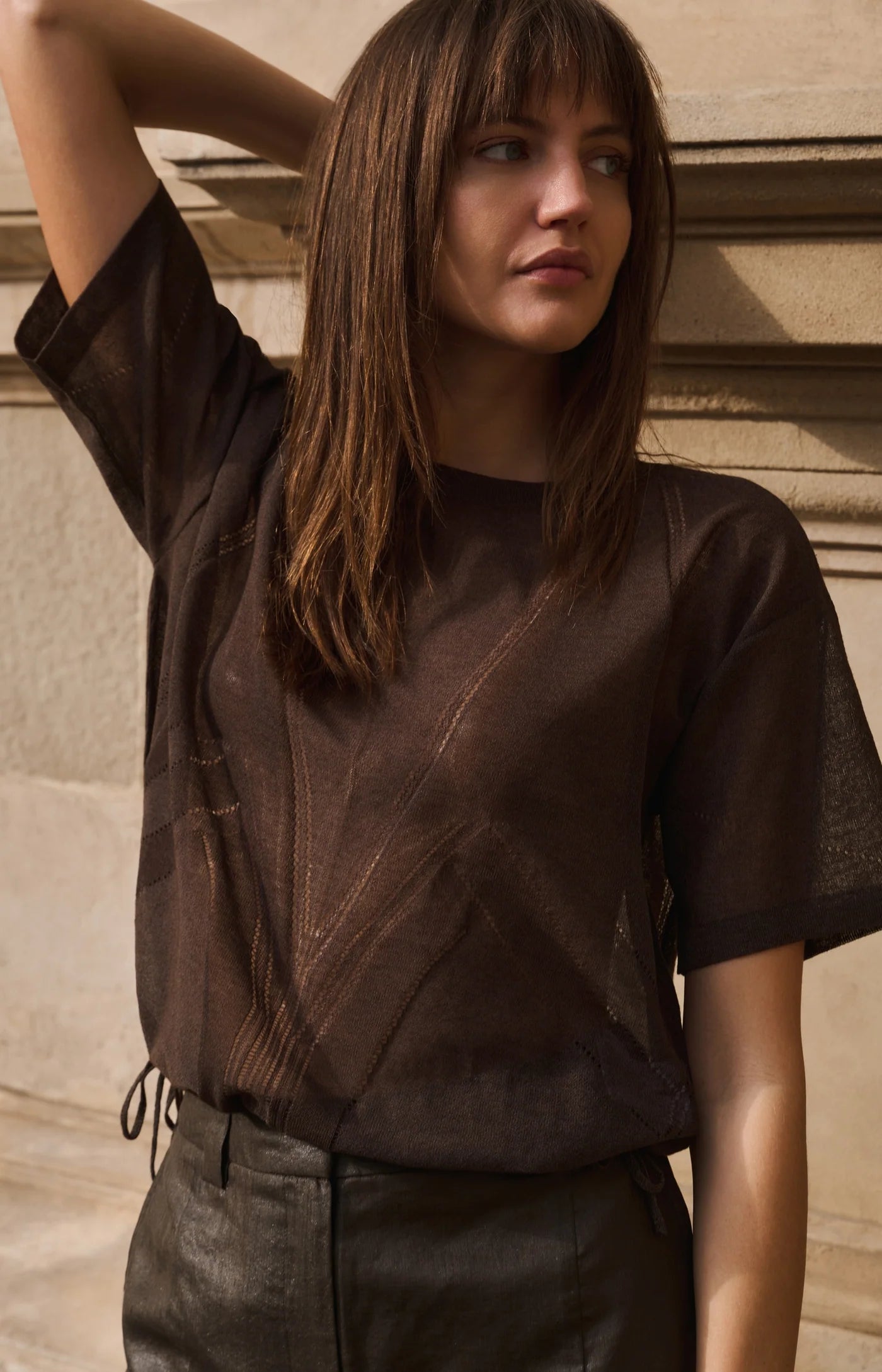 Sheer Knit Tie Detail Top in Delicioso Brown