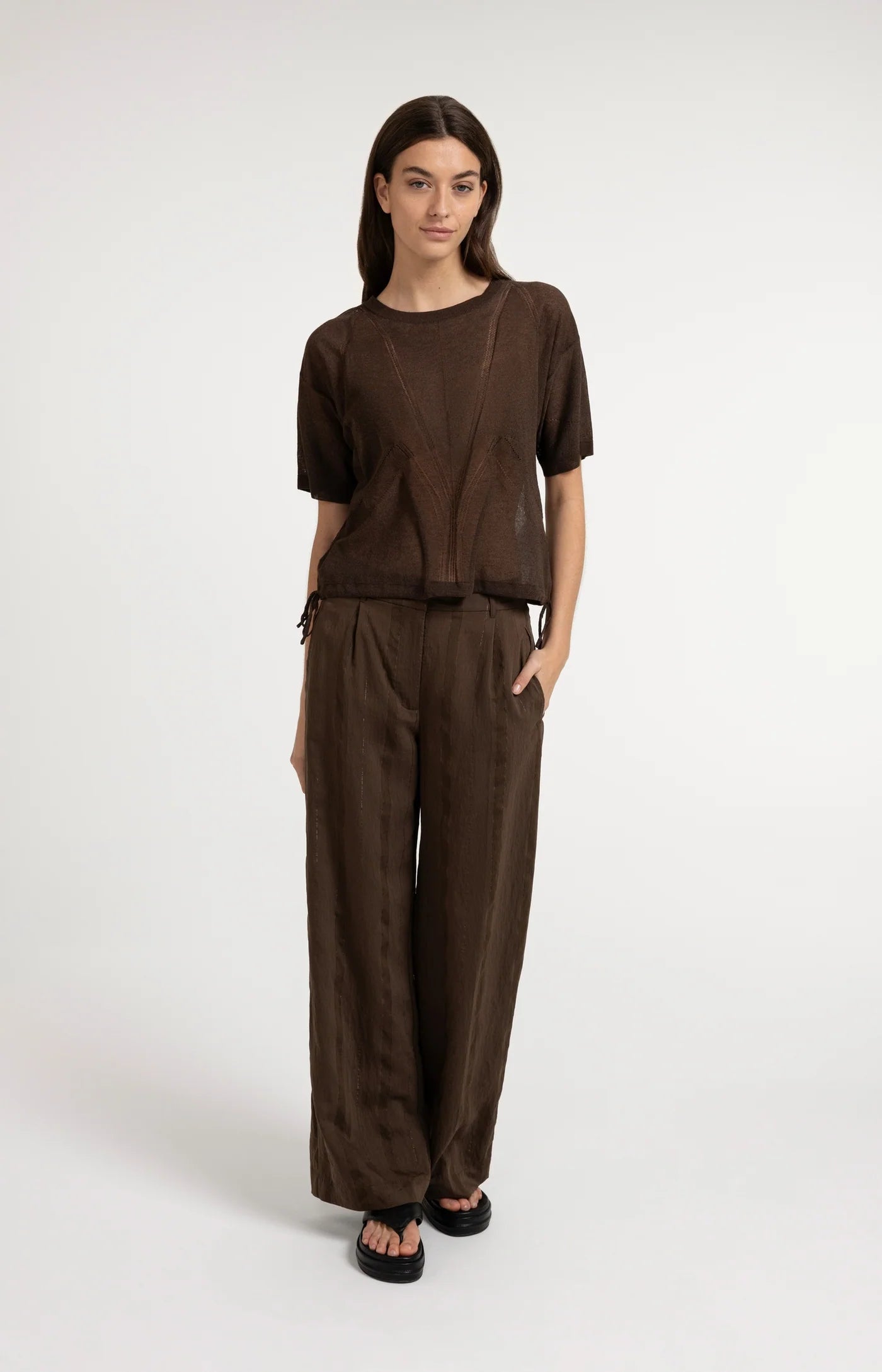 Sheer Knit Tie Detail Top in Delicioso Brown