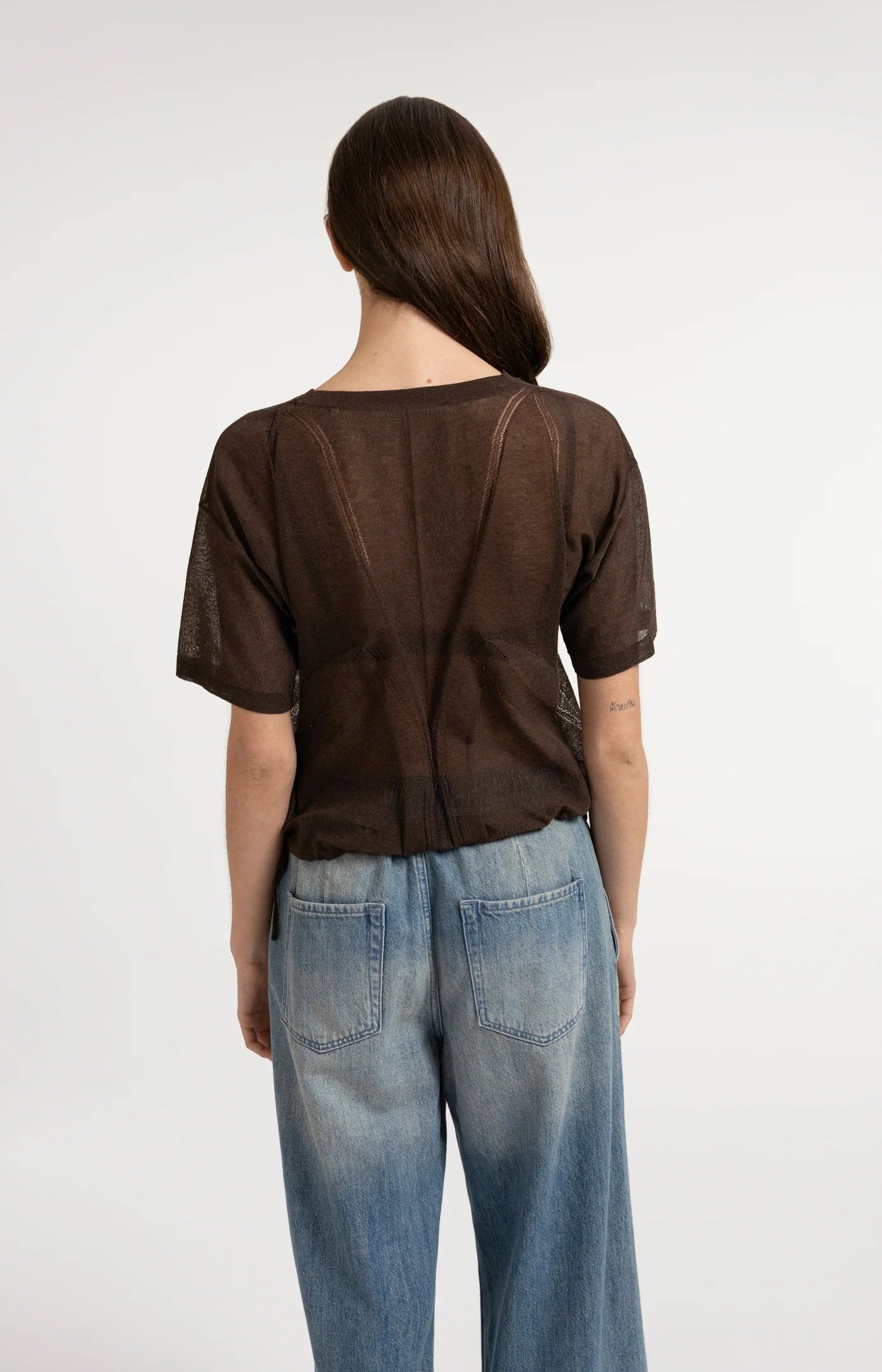 Sheer Knit Tie Detail Top in Delicioso Brown