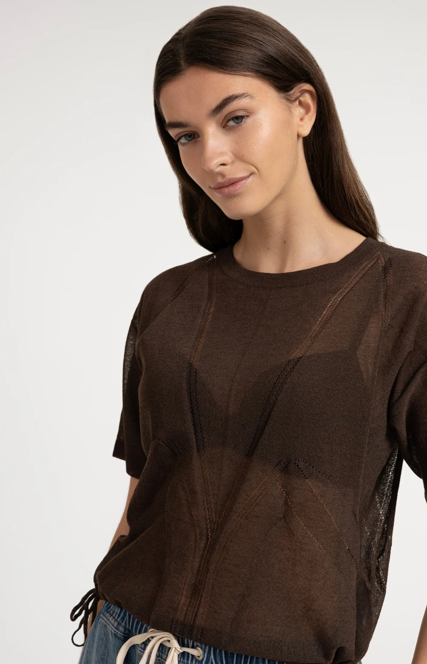 Sheer Knit Tie Detail Top in Delicioso Brown