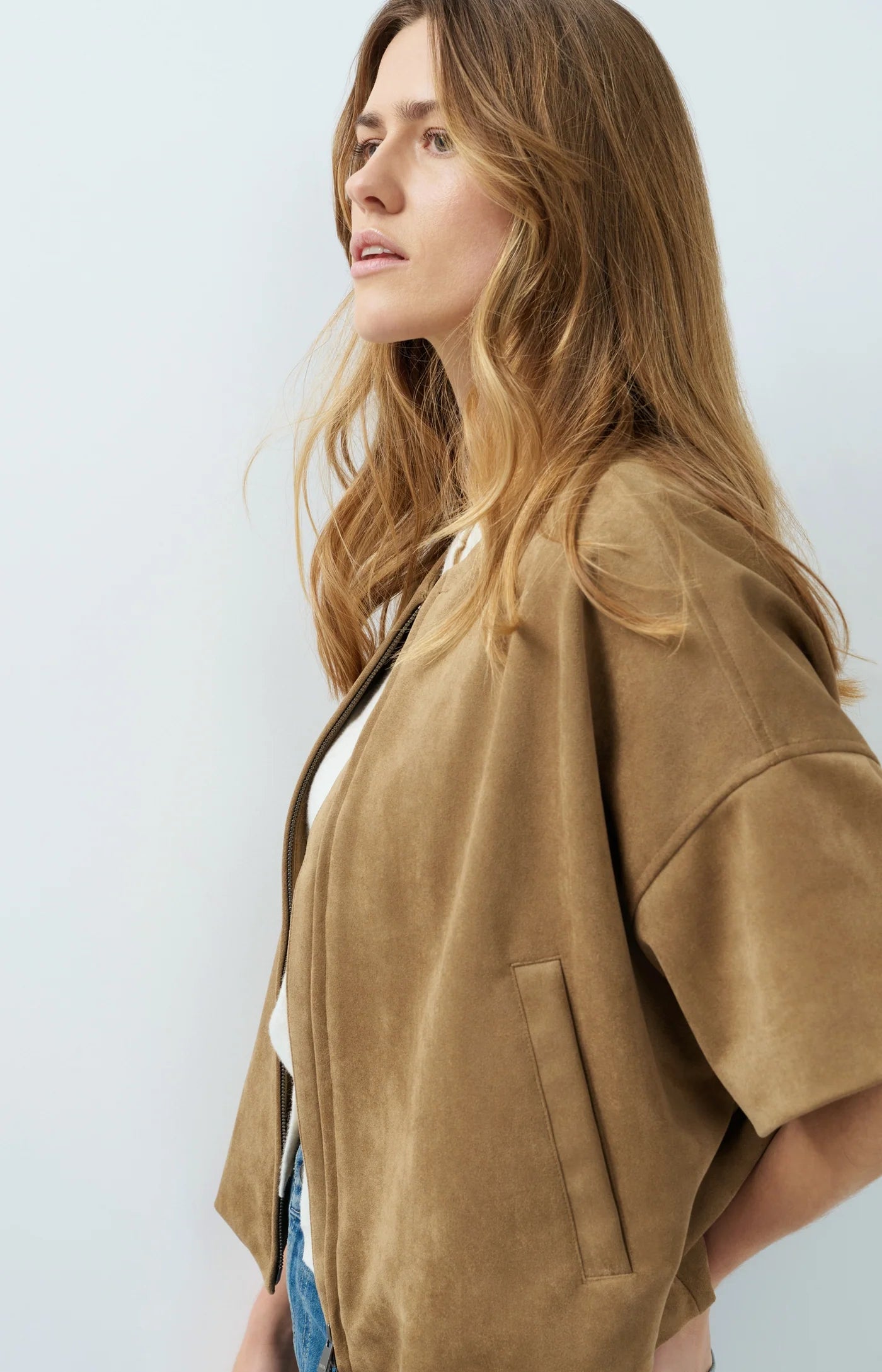 Oversized Suedine Jacket with Balloon Hem in Otter Brown
