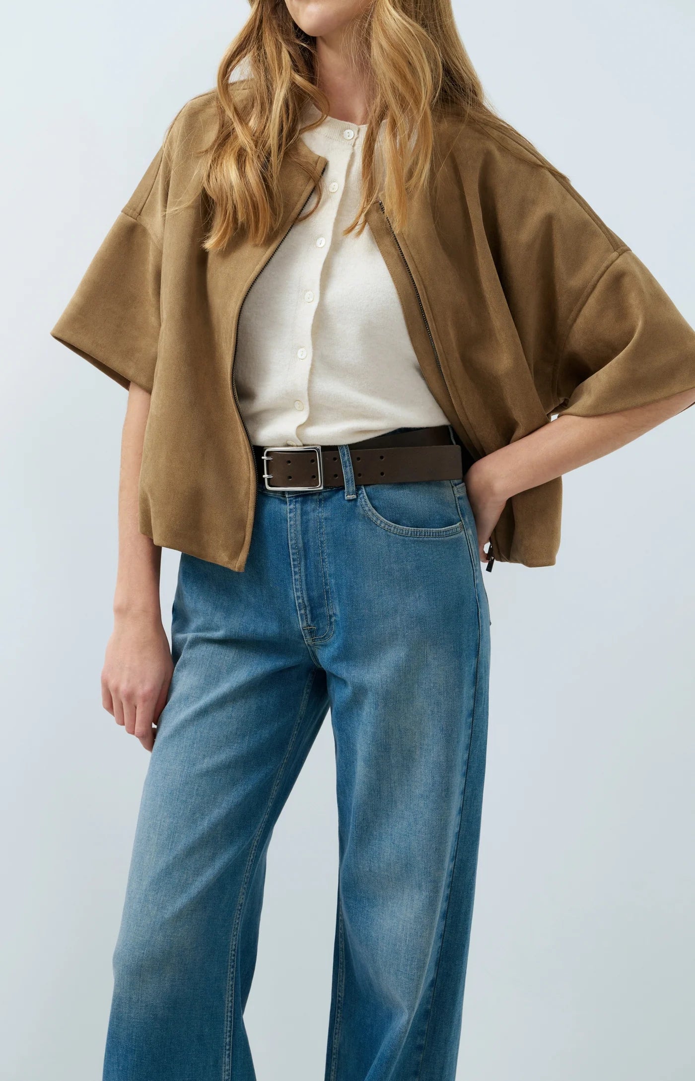 Oversized Suedine Jacket with Balloon Hem in Otter Brown