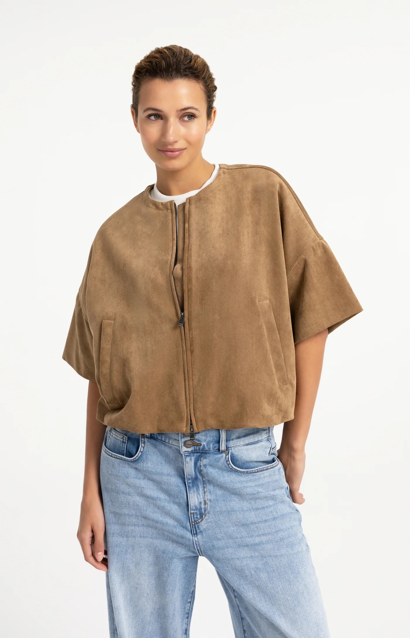 Oversized Suedine Jacket with Balloon Hem in Otter Brown