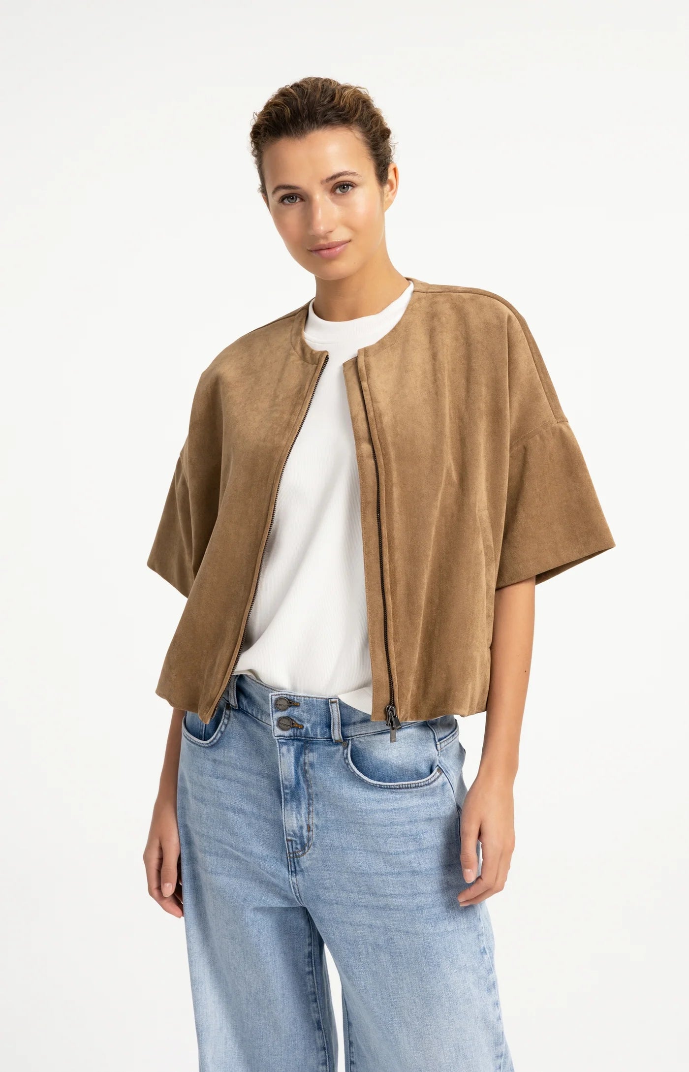 Oversized Suedine Jacket with Balloon Hem in Otter Brown