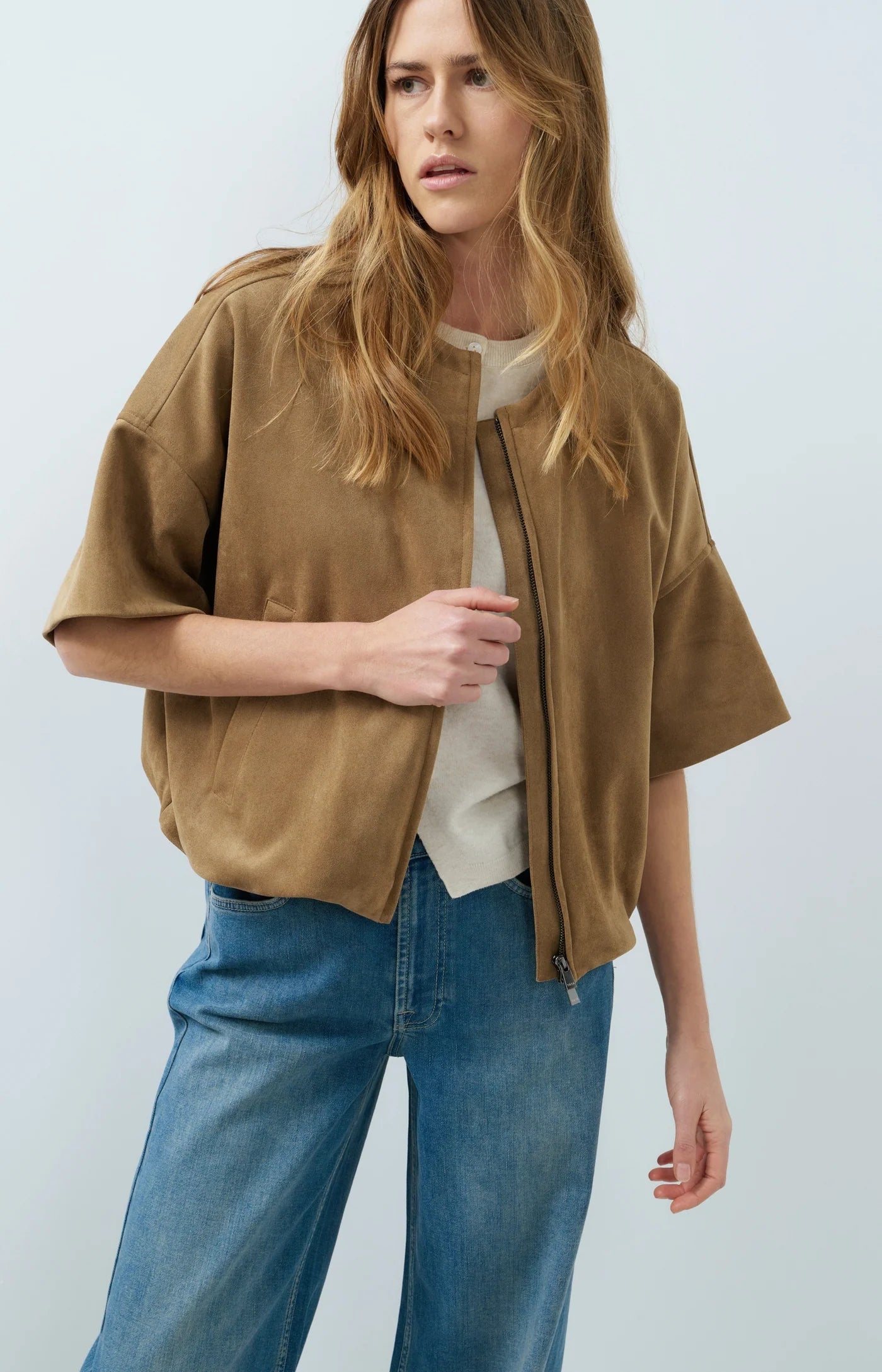 Oversized Suedine Jacket with Balloon Hem in Otter Brown
