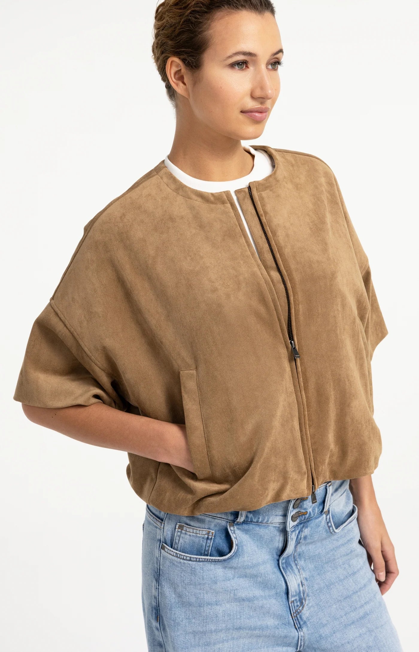 Oversized Suedine Jacket with Balloon Hem in Otter Brown